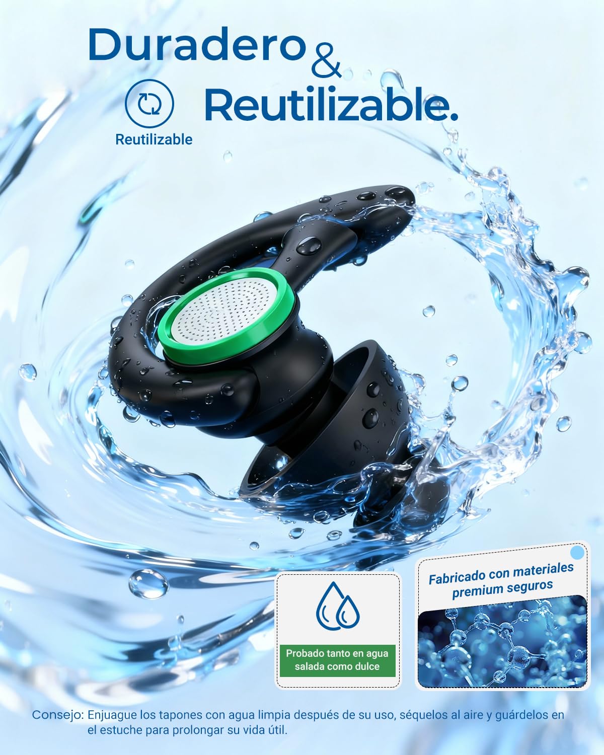 Hearprotek Tapones para los oídos para nadar, 2 pares, reutilizables, a medida, adultos, Negro