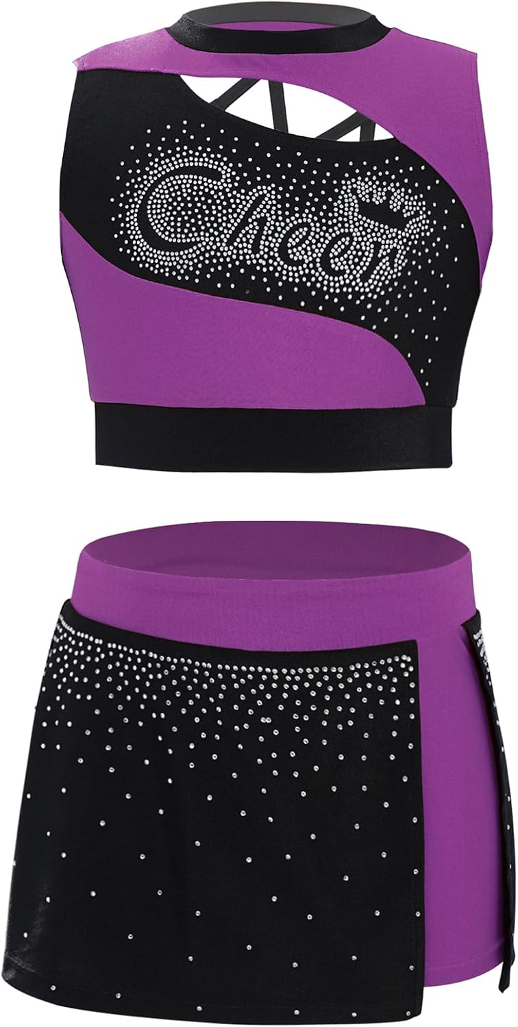 Kids Girls Cheerleading Outfit Cheer Leader Sleeveless Shiny Crop Top with Side Slit Mini Skirt