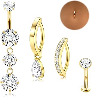 Gold Belly Button Ring - 14G Surgical Stainless Steel Belly Rings Hypoallergenic Clicker Belly Button Piercings for Women CZ Dangle Belly Button Rings Navel Piercing Pack Silver/Gold