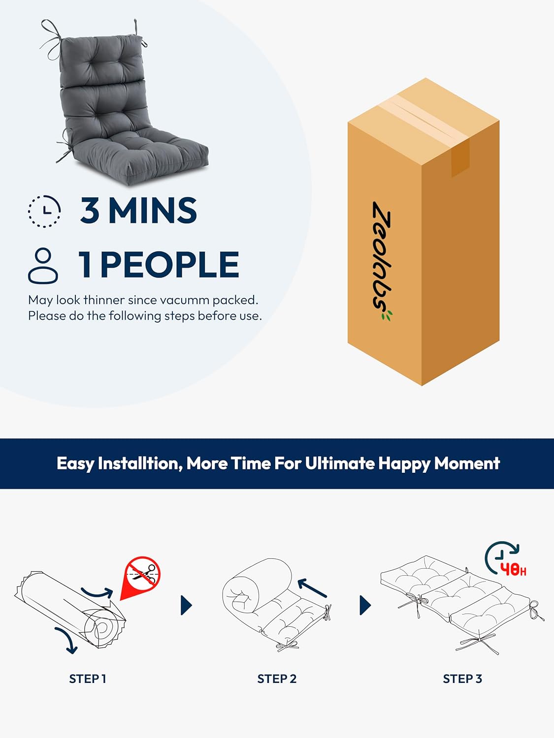 Outdoor High Back Chair Cushions Set of 4,Waterproof All-Weather Tufted Seat Back Patio Furniture Cushions with Ties for Lawn Adirondack,Rocking Chair, 45x22 Inch, Dark Grey