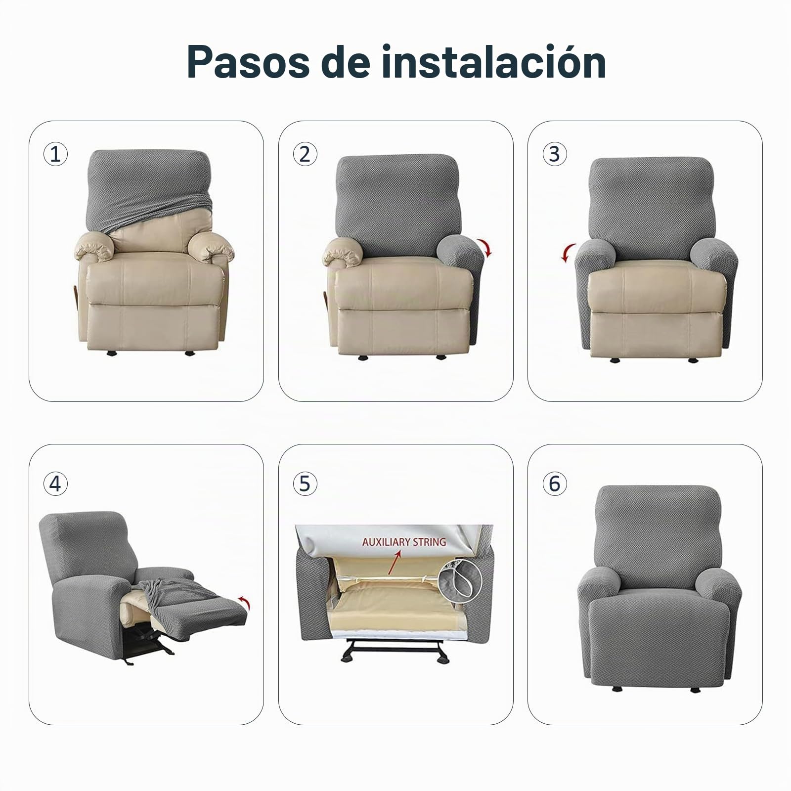 Conjunto de 4 piezas Funda Sillon Relax Reclinable, Funda Sofá Relax 1 plaza, Funda Butaca, Funda elástica lavable con bolsillos para sillas, para sillón de televisión y reclinable（Gris claro）