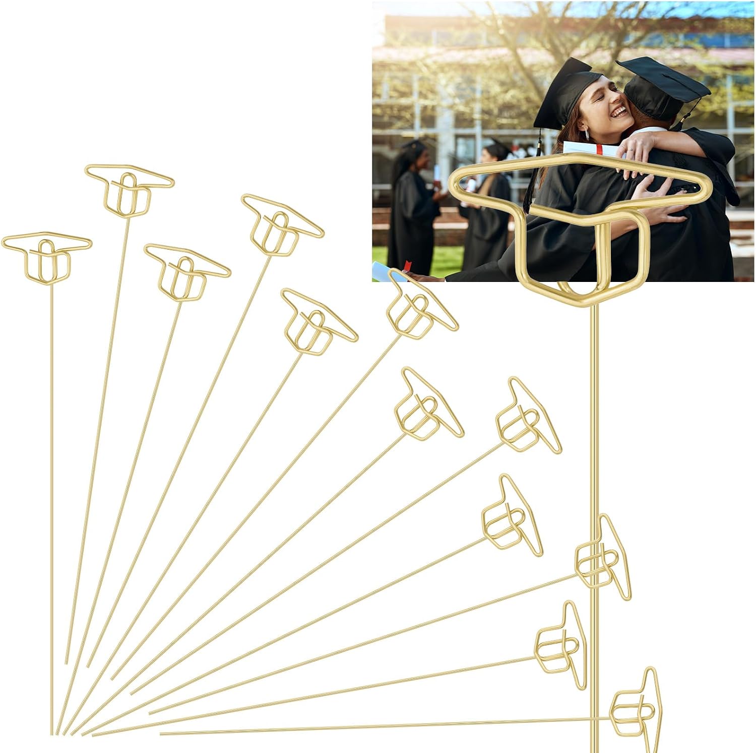 Rtteri 12 Pcs 2026 Grad Cap Graduation Picture Holder 12'' Gold Photo Holders Stick Floral Place Card Holder Metal Wire Floral Picks Picture Bouquet Kit for Flower Arrangement Class of 2026 Grad Party