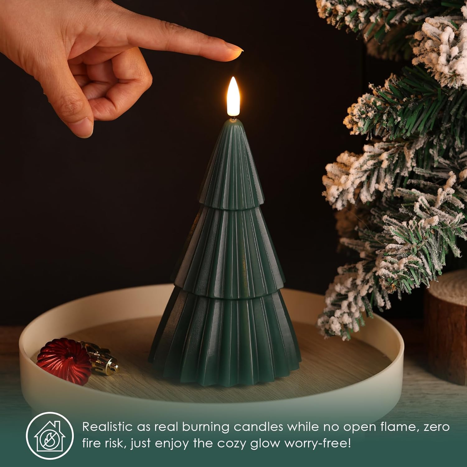 Green Christmas Tree Flameless Candles with Remote, Battery Operated Winter LED Candles Holiday Table Centerpieces Decor Set of 2