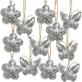Logbuch-Verlag Easter Pendants Set of 12 Spring Pendants Made of Metal Butterflies & Flowers Spring Decoration for Easter & Wedding Easter Decoration for Easter Shrub Silver Gift Tags 4 cm