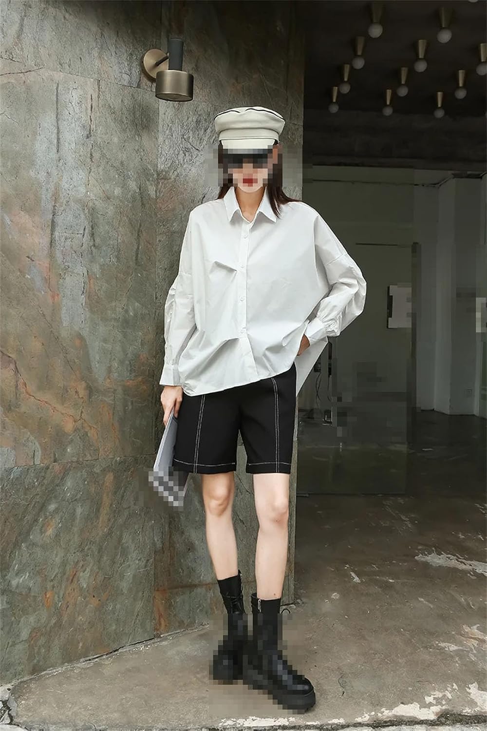 Women Pleated Blouse Lapel Long Sleeve Loose Fit Irregular Shirt