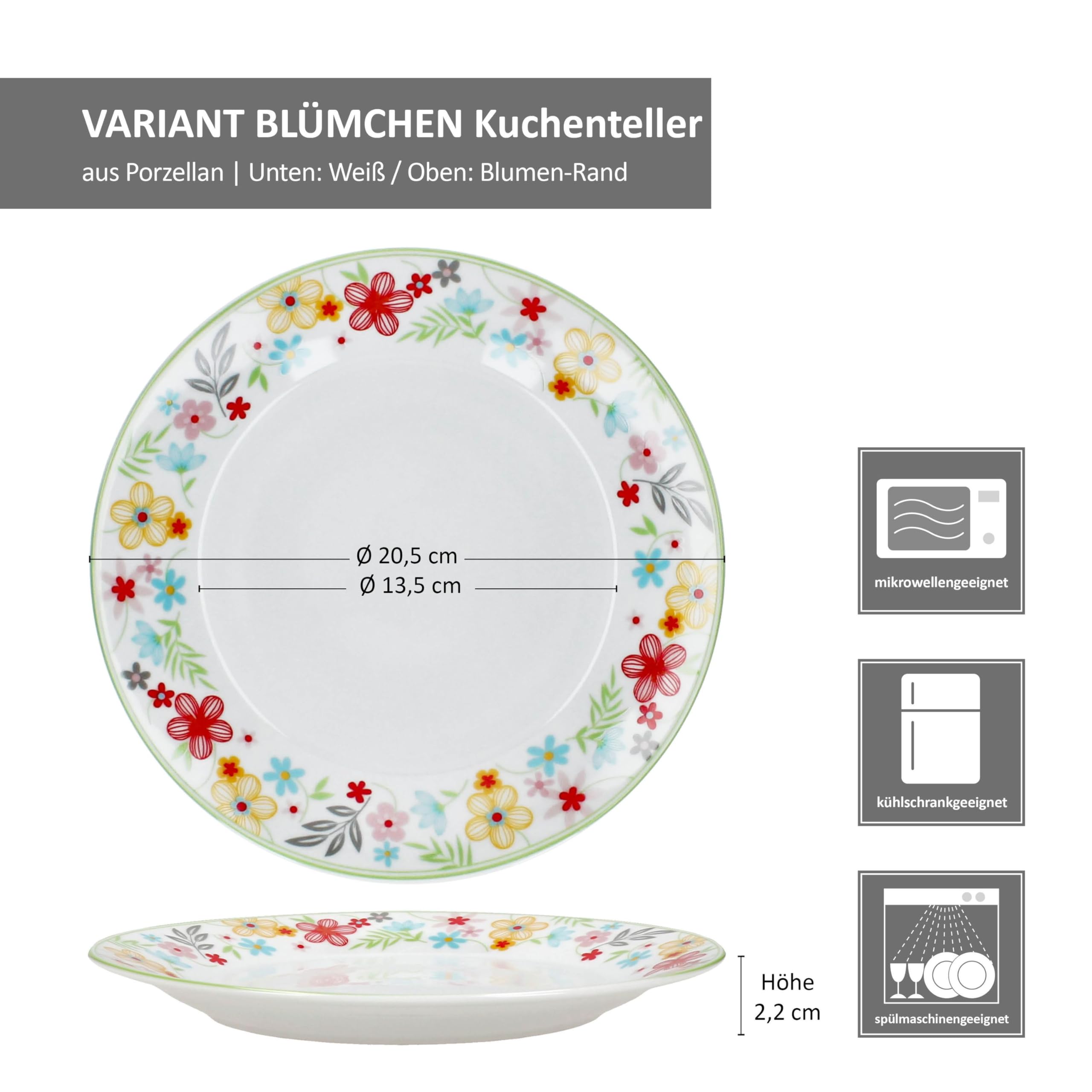 MamboCat 6er Set Variant Blümchen Kuchenteller I farbige Porzellan-Frühstücksteller für 6 Personen I Bunte kleine Teller für Salat, Dessert & Co. beim Frühstück, Mittag, Kaffee & Abendbrot
