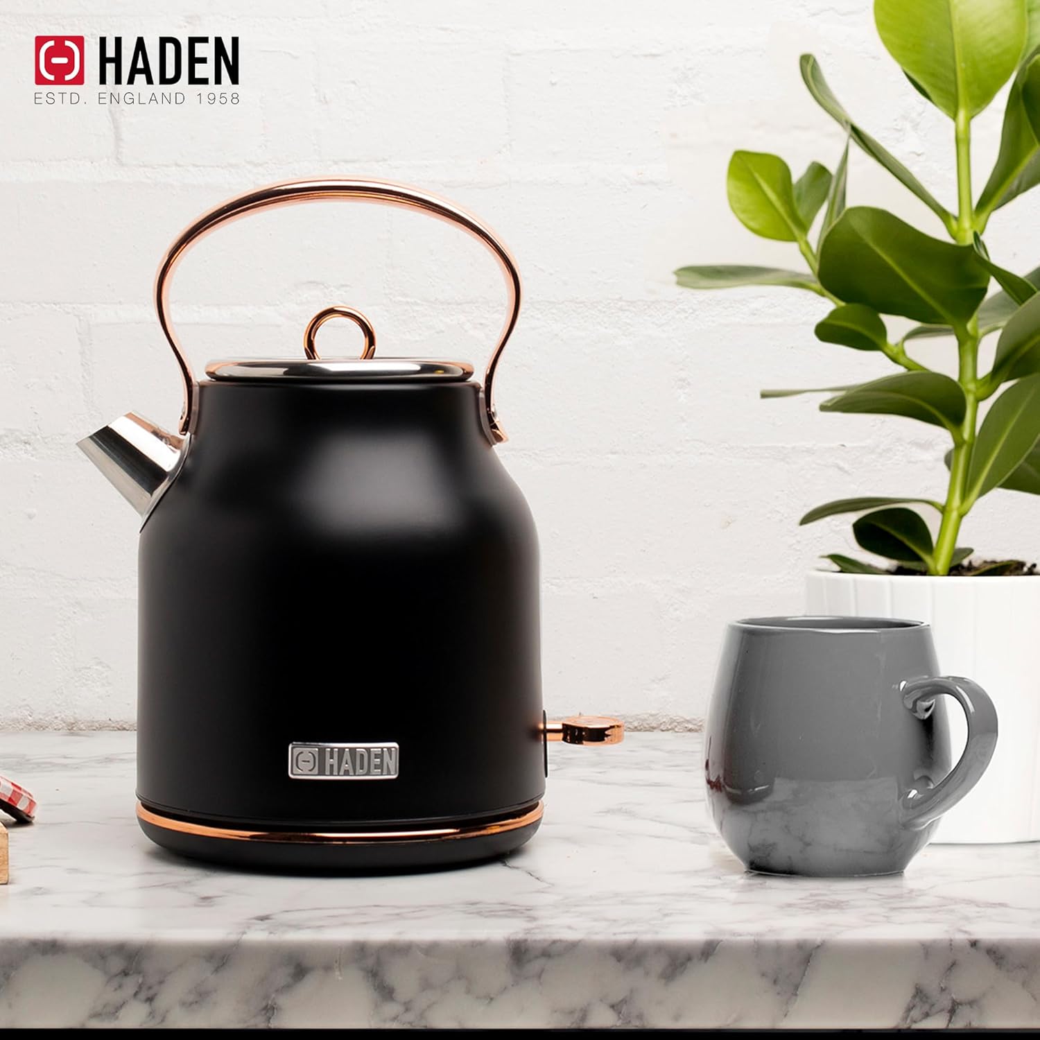 Haden Heritage Electric Kettle in operation, with the power switch illuminated.