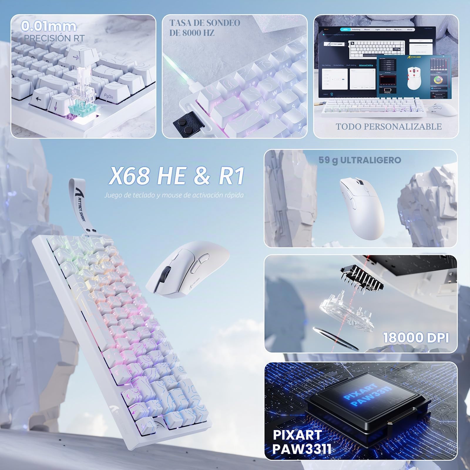 MAMBASNAKE Attack Shark X68 HE - Combos de Teclado y Ratón R1 con Disparador Rápido y Cable en Espiral de 8KHz, Precisión RT de 0,01mm,Teclado Magnético de 8KHz y Ratón Inalámbrico para Juegos-Blanco