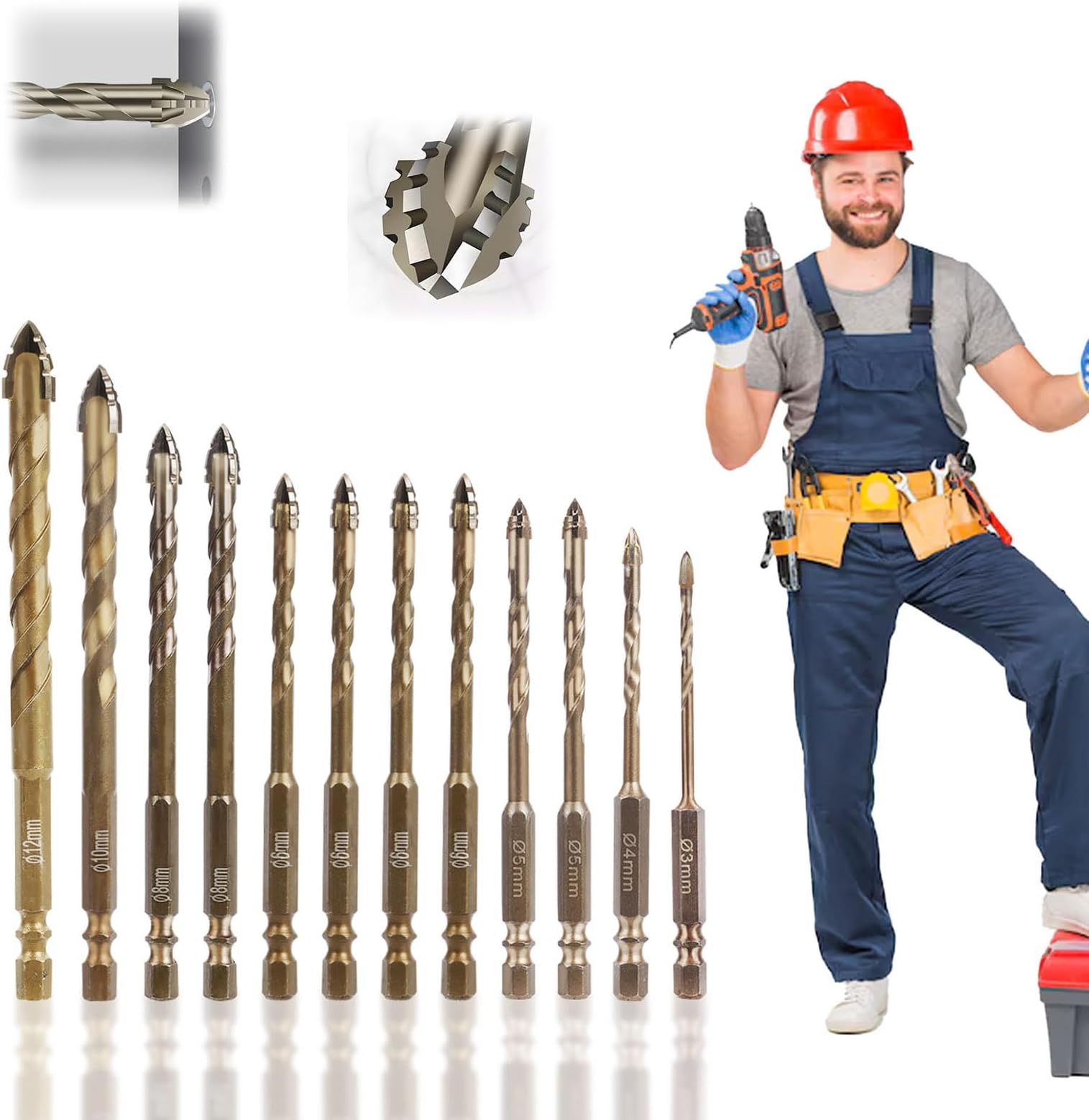 12 PCS Upgrade Masonry Drill Bit Set, Professional 1/8" to 1/2" Four-Blade Serrated Eccentric Concrete Drill Bits, Carbide Tipped for Brick/Tile/Glass/Wood/Plastic/Cement/Ceramic Drilling