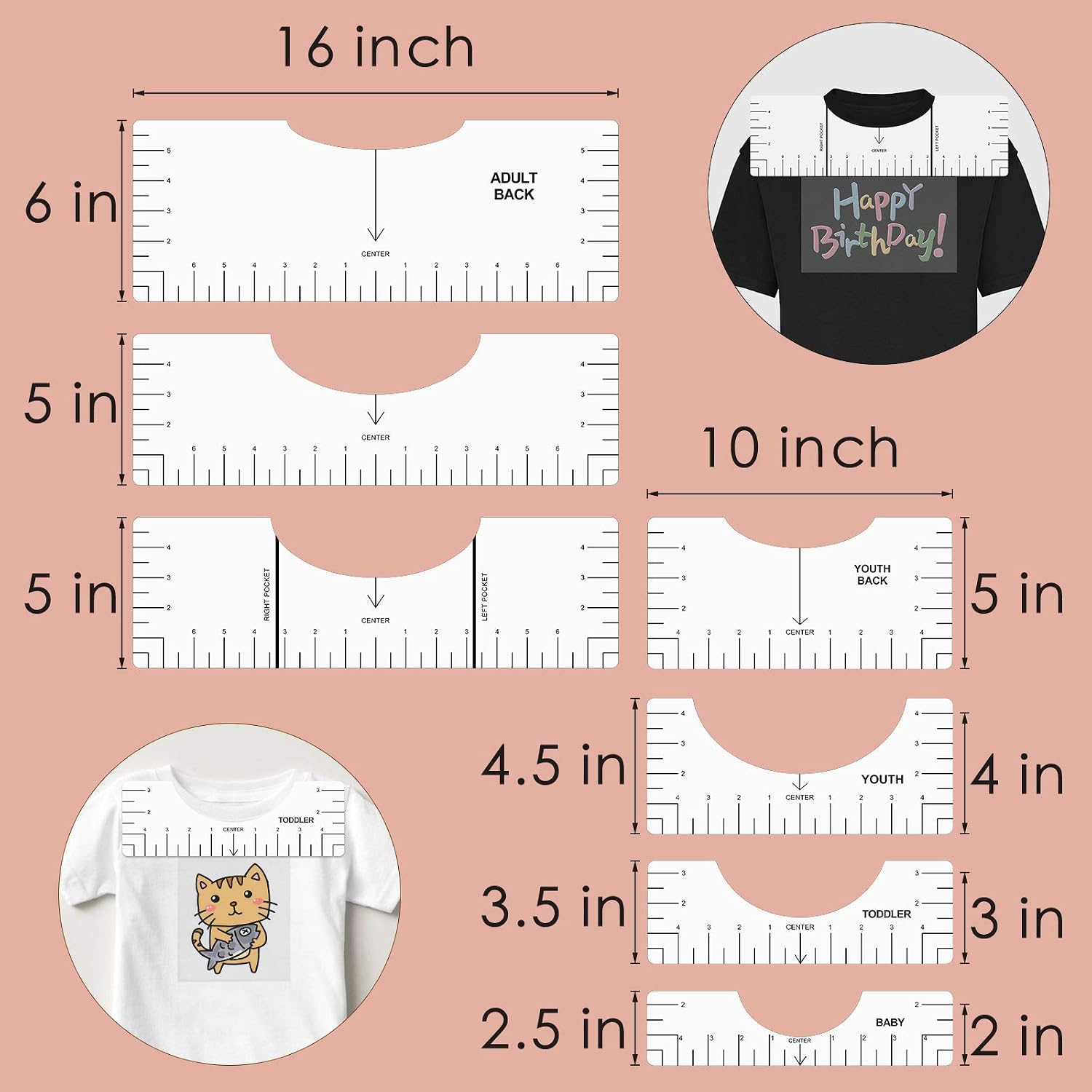 7 Pcs Tshirt Ruler, Graphics T-Shirt Ruler Guide White Tshirt Ruler Guide for Vinyl, PVC Tshirt Ruler for Heat Press, Light T Shirt Rulers to Center Vinyl, Tshirt Alignment Tool of Different Sizes