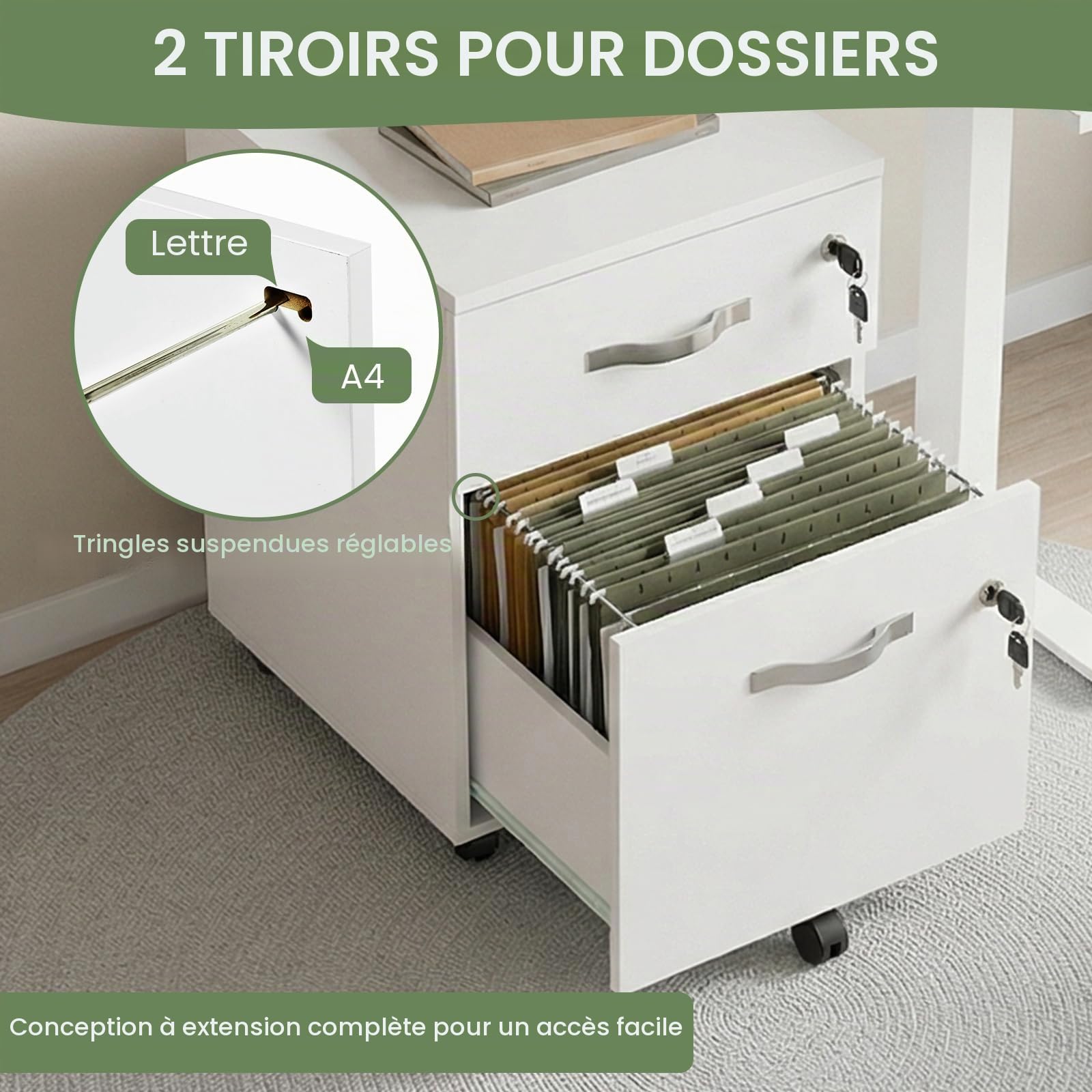 buybyroom Caisson de Rangement, Meuble Bureau à 5 roulettes, 2 Tiroirs, Verrouillable Meuble sous Bureau 53.5 cm Hauteur pour Dossiers Suspendus, Papier Administratif, Imprimante, Format A4, Blanc
