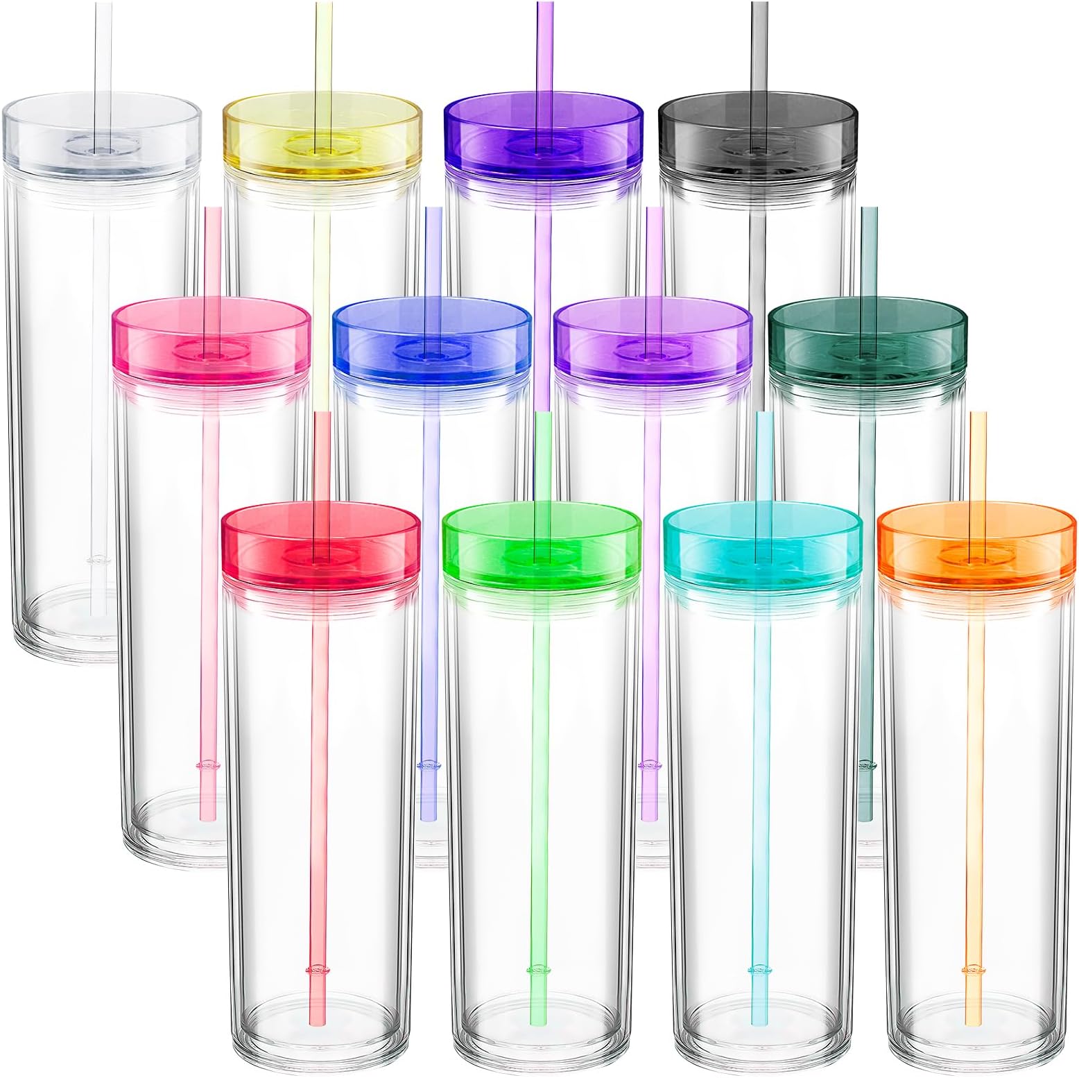 12 Pcs Acrylic Skinny Tumblers 16 oz Acrylic Tumblers with Lids and Straws Double Wall Plastic Tumbler Skinny Tumbler Plastic Skinny Tumblers Bulk for Drink Party Birthday Gifts, Multicolor