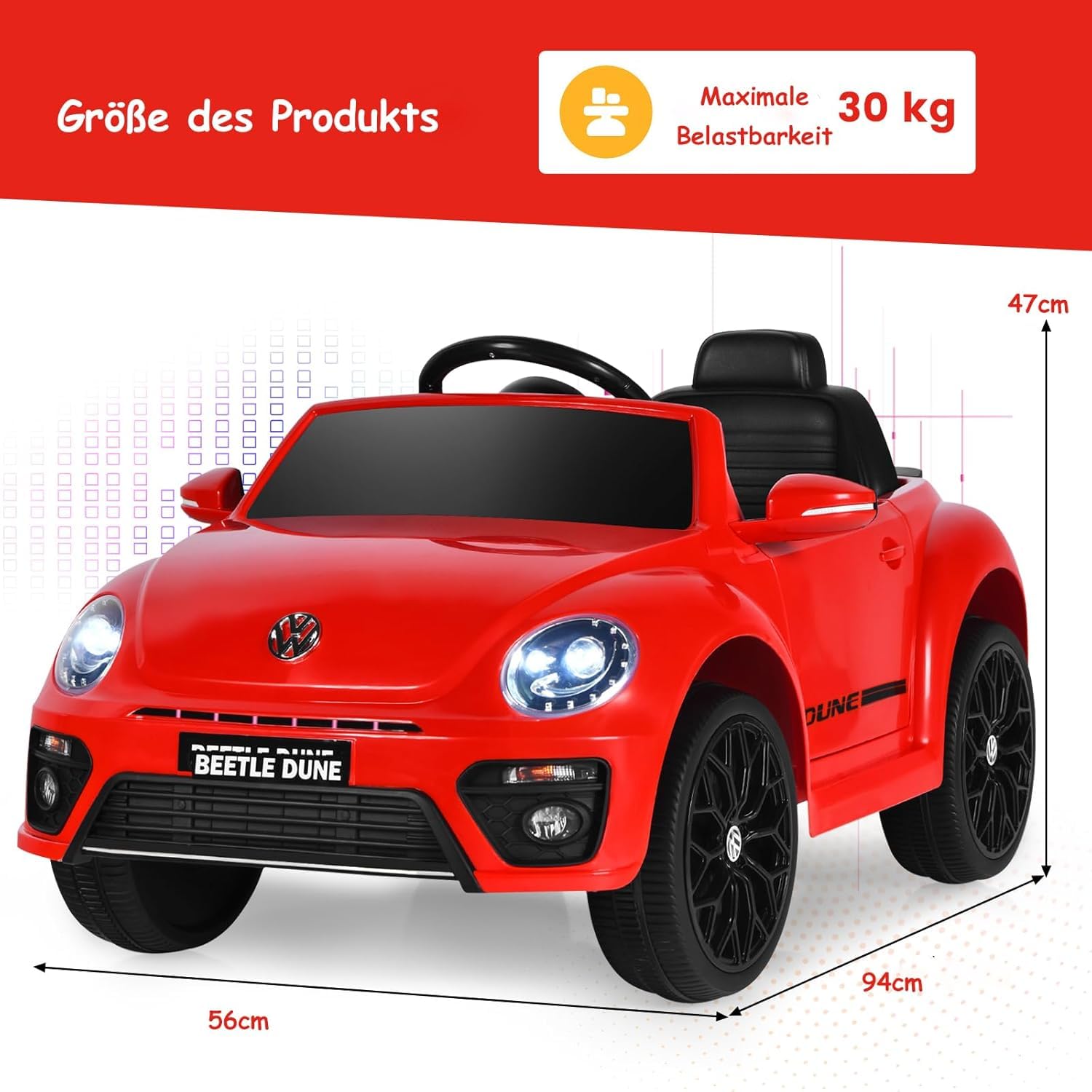 DREAMADE Elektroauto für Kinder, 12V Kinderfahrzeug mit 2,4G Fernbedienung, Kinderauto elektrisch mit LED-Licht & Musik & Sicherheitsgurt, Elektrofahrzueg für Kinder ab 3 Jahre (Rot)