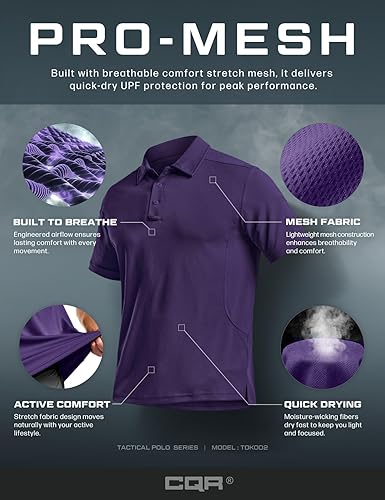 Miniatura 7 de CQR Camisas polo para hombre, camisas de rendimiento tácticas de manga corta para golf, ligeras, Dry Fit, UPF 50+ piqué