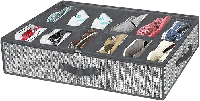 Fabric Shoe Storage Bins Under Bed Shoe Storage Organizer For Closet - Fits 12 Pairs Underbed Shoes Container Boxes With 2 Sturdy Handles And Clear Window Foldable Shoe Rack Holder, Grey