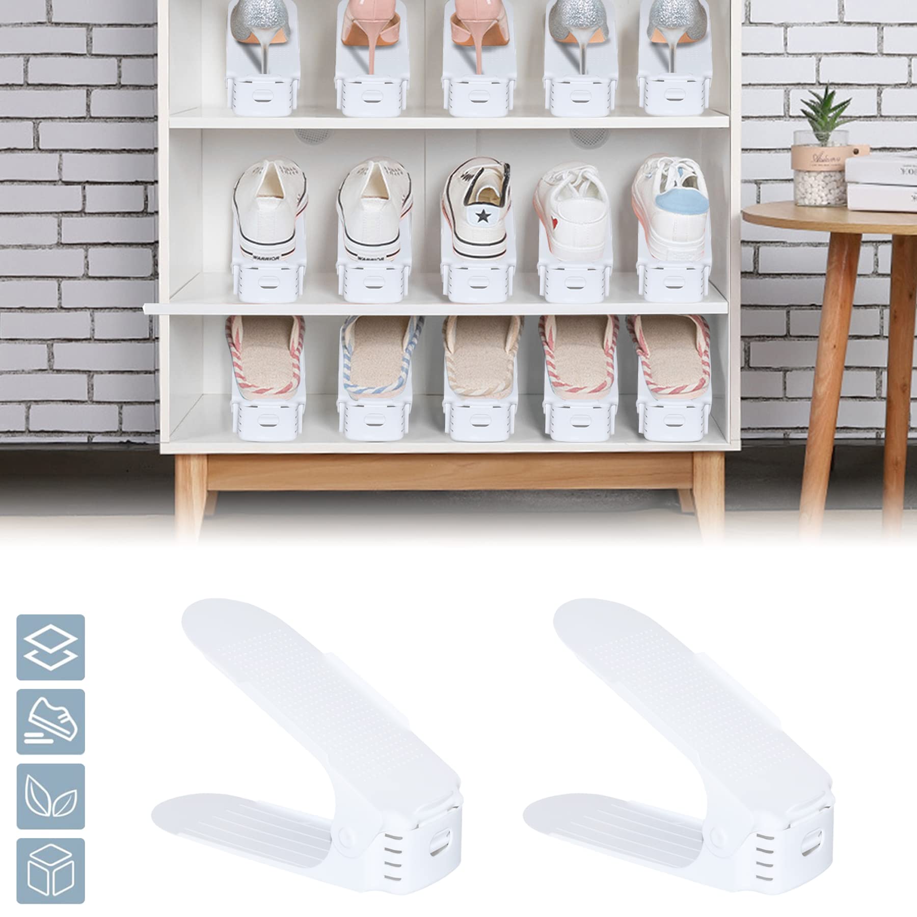 Froadp Set di 60 organizer per scarpe regolabili in materiale PP, antiscivolo, con 3 altezze regolabili, a doppio strato, salvaspazio, colore bianco