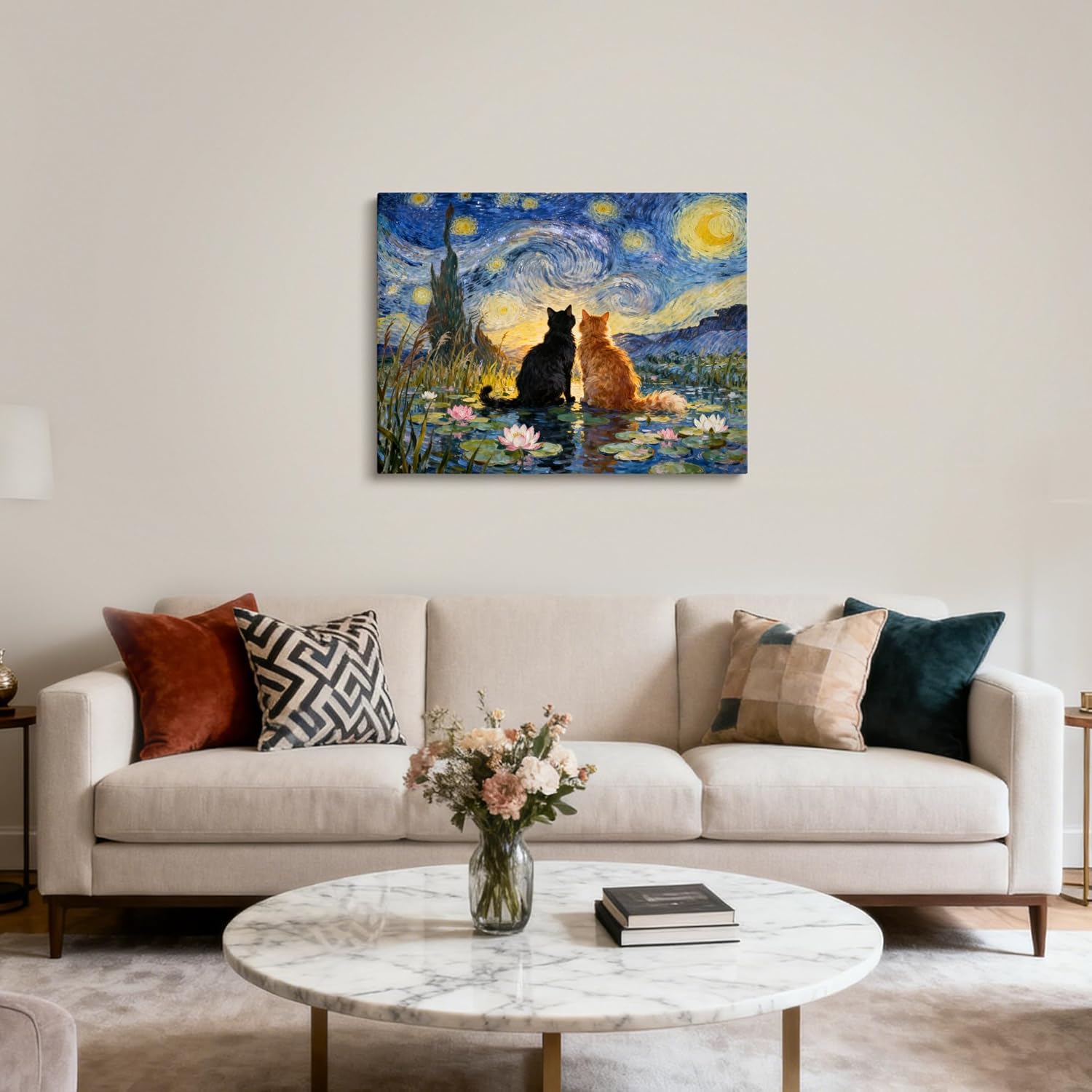 TimAsh Starry Night Cat Canvas Art, Van Gogh Black Cat & Orange Cat Painting – Vintage Abstract Aesthetic Print for Farmhouse, Living Room, Bedroom, and Office Wall Decor 24L x 16W