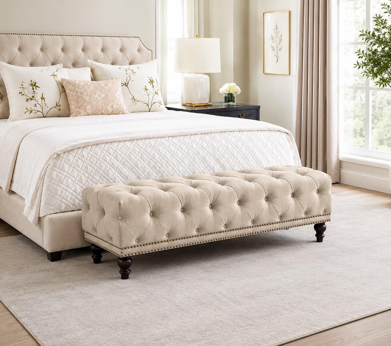 Dawsey Upholstered Storage Bench 2 Seater Sofa Upholstered Ottoman Bench with Storage for Living Room Bedroom Entryway (Cream)-image-30