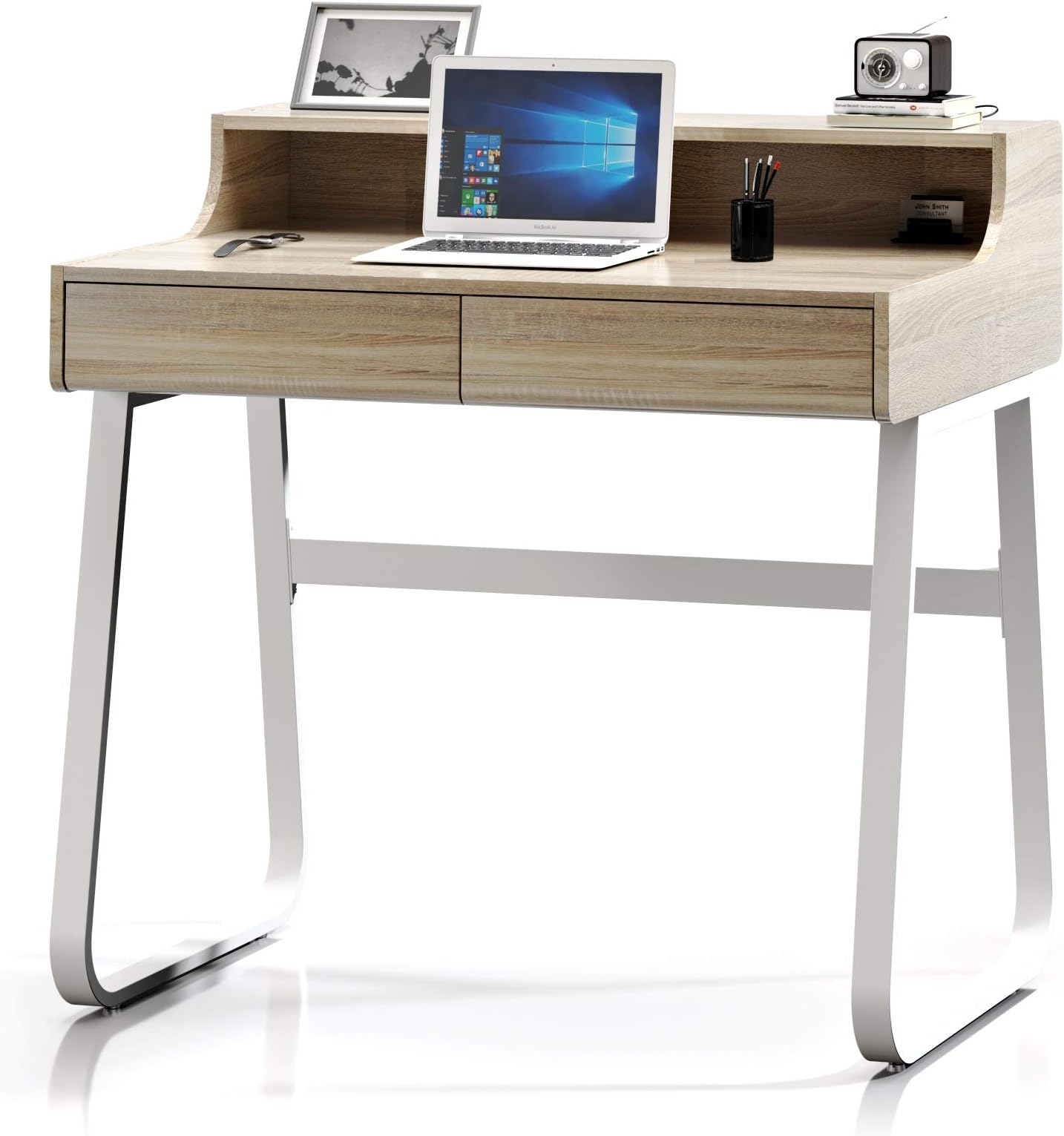 VIPEK Computer Desk Workstation Writing Desk Student Study Wood Table with 2 Storage Drawers, Hutch and Sturdy Metal Frame for Children Home Office, Light Oak