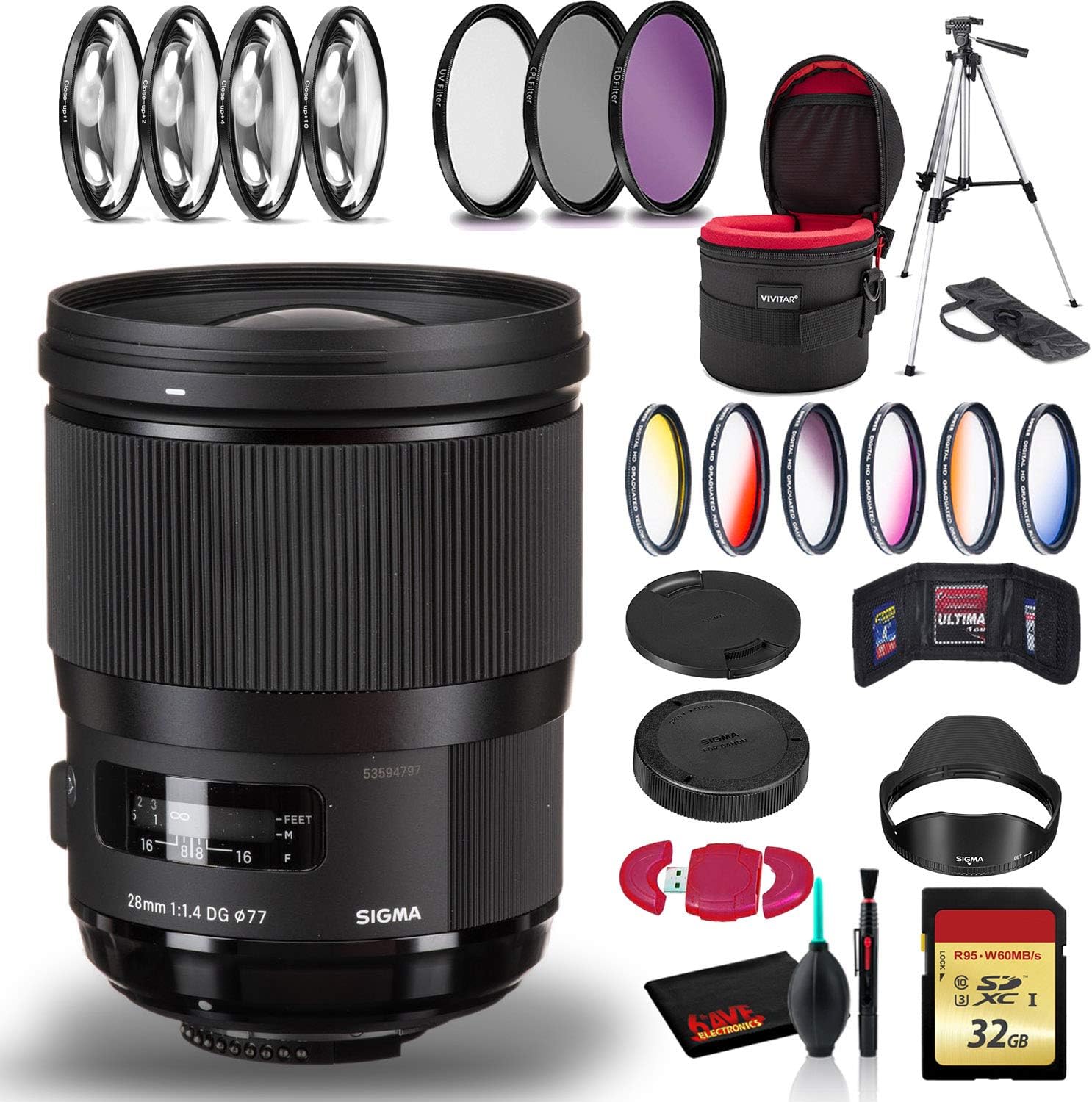 Sigma 28mm f/1.4 DG HSM Art Lens for Nikon F with Cleaning Kit, Tripod, 32GB Memory Kit, Filters, and Case