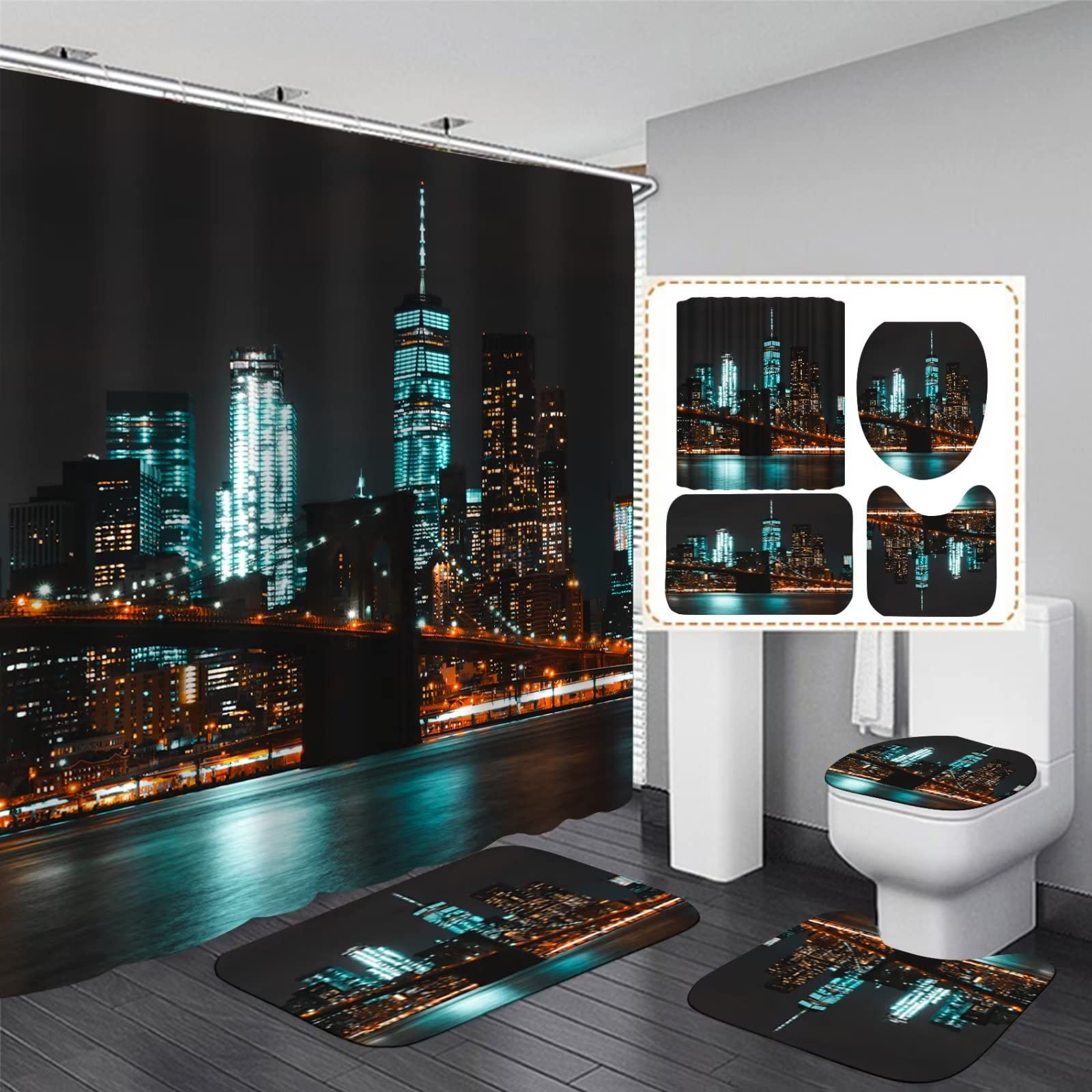 XSWPL 4Pcs New York Skyline Shower Curtain Sets with Non-Slip Rugs, Toilet Lid Cover and Bath Mat, Night City Bathroom Shower Curtain, Waterproof Bathroom Decor Set with 12 Hooks