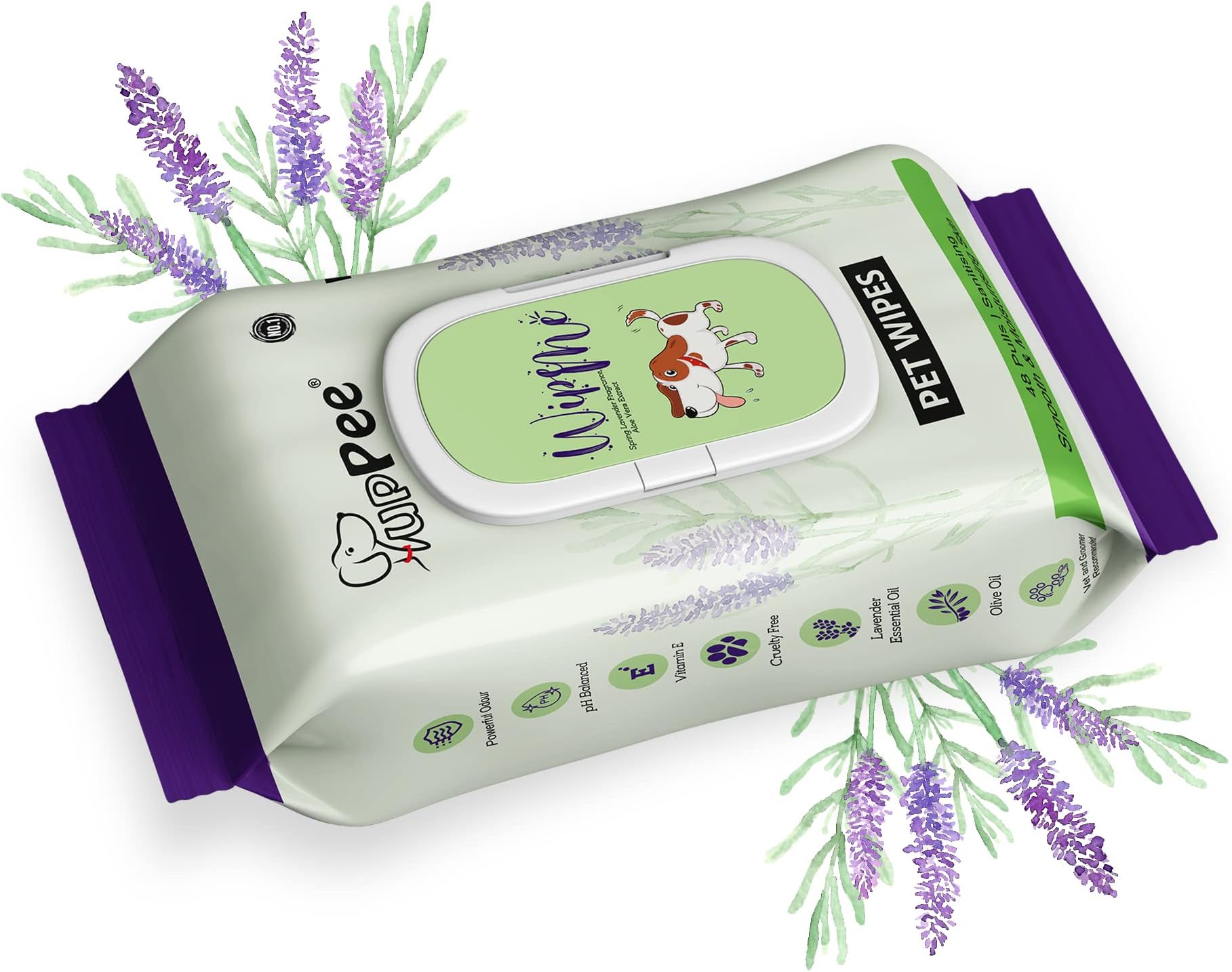 PUPPEE Wipe ME Pet Wipes 48 Wipes Count (Pack of 1) 100% Biodegradable Fabric | Anti-Bacterial & Hypoallergic Formula | Lavender Essential, Vitamin E & Olive Oil | Natural Extracts & Actives