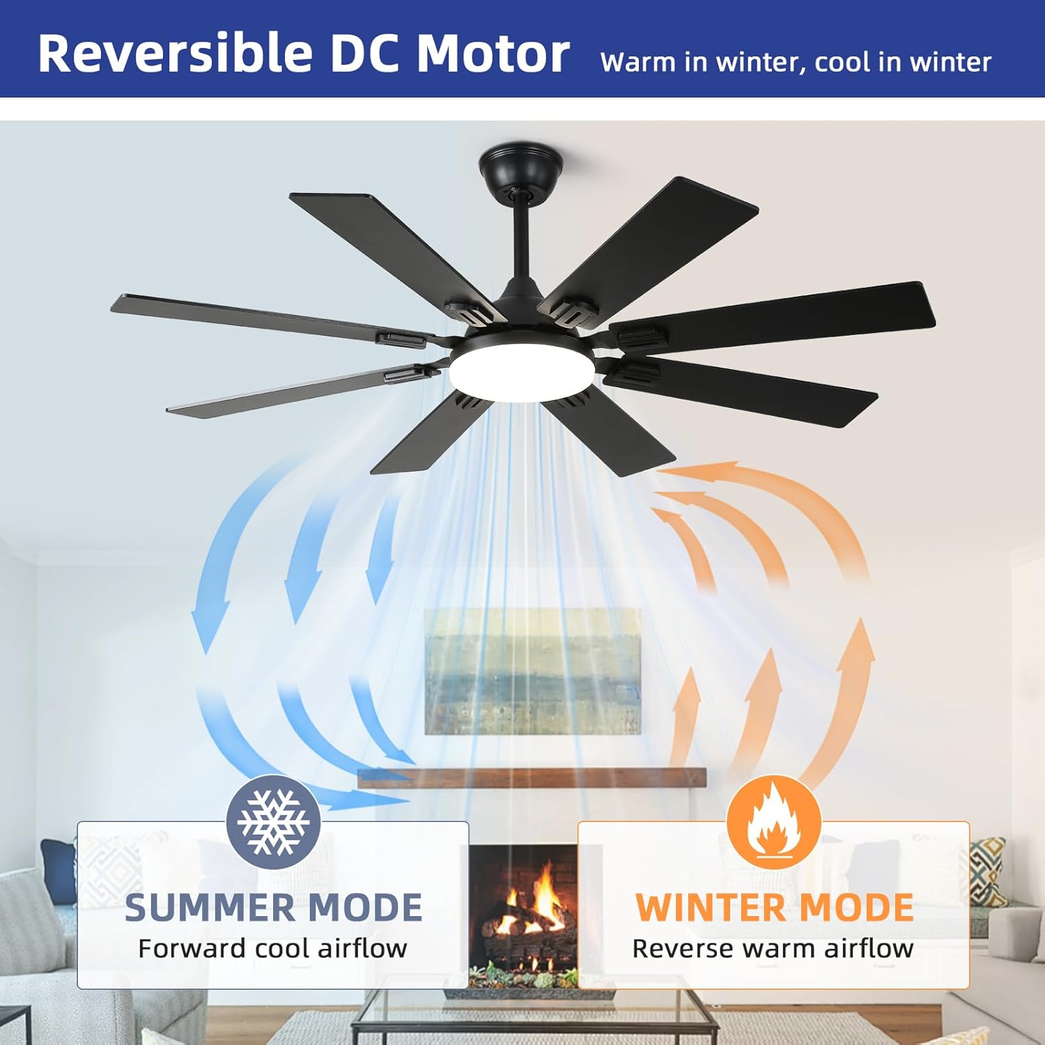 52 Ceiling Fans with Lights and Remote, Black Modern Ceiling Fan with 8 Dual Finish Blades,Quiet Reversible Motor，Farmhouse Ceiling Fan with RGB Lights for Bedroom,Living Room,Patios