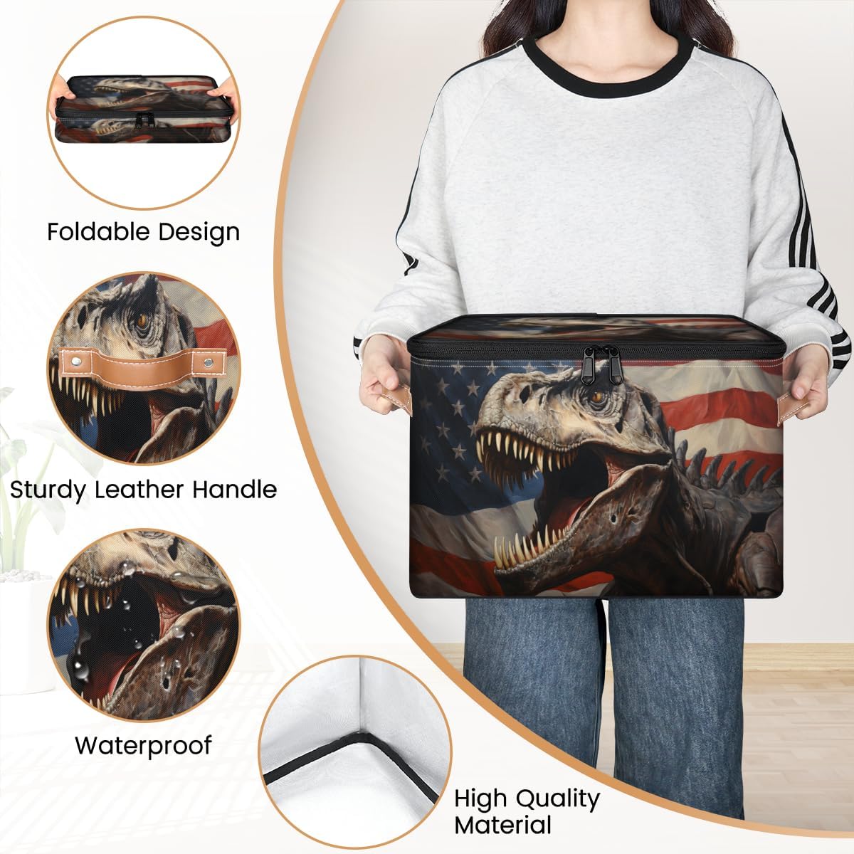 Storage Bin Set of 2 Flag Dinosaur Storage Basket with Zipper Lid & Handle Foldable Closet Shelf 2 Pack Cloth Organizer Basket Cube Bins Clothes Organizer for Bedroom, Nursery