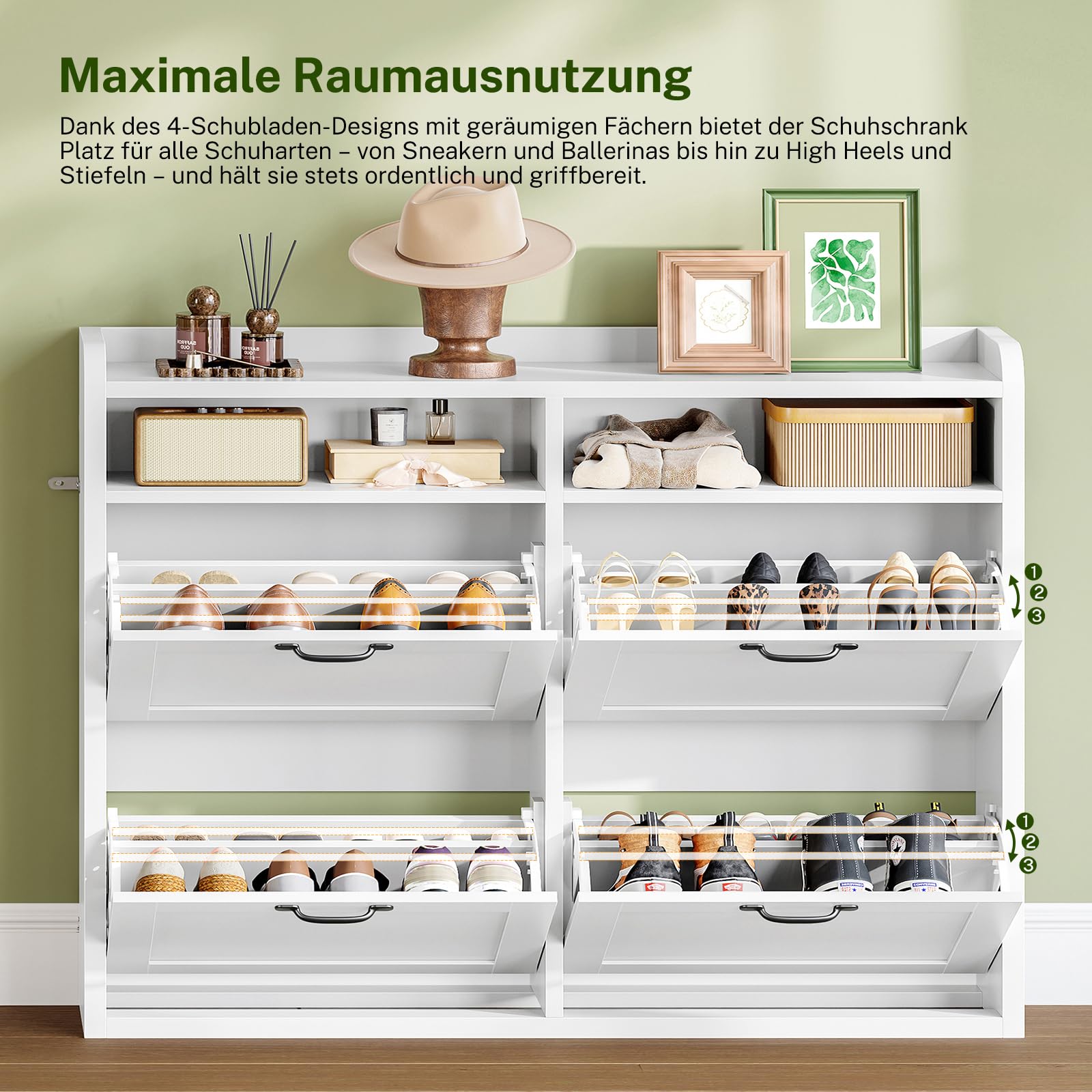 TEENFON Schuhschrank Schmal–105 cm breiter Schuhkipper mit 4 Klappen&2 offenen Fächern, mit verstellbaren Einlegeböden, Schuhkommode für 16–24 Paar Schuhe, geeignet für Flur, Eingangsbereich,Weiß