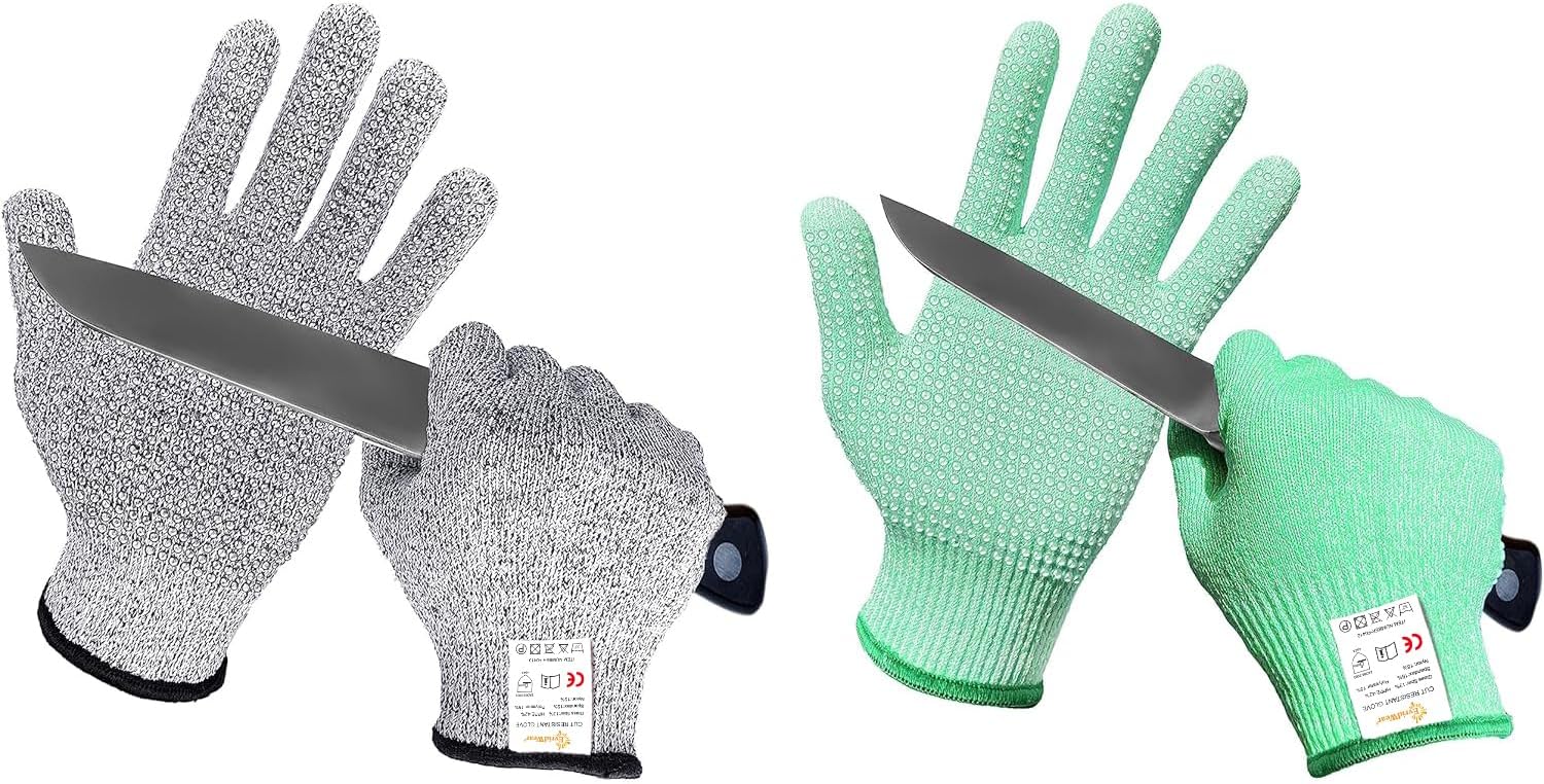 Evridwear Cutting Gloves Level 5 Cut Resistant, Food Safe Gloves with Non-Slip Grip for Kitchen, Meat Cutting & Mandoline Use, 2 Pairs (S, Green + Gray)