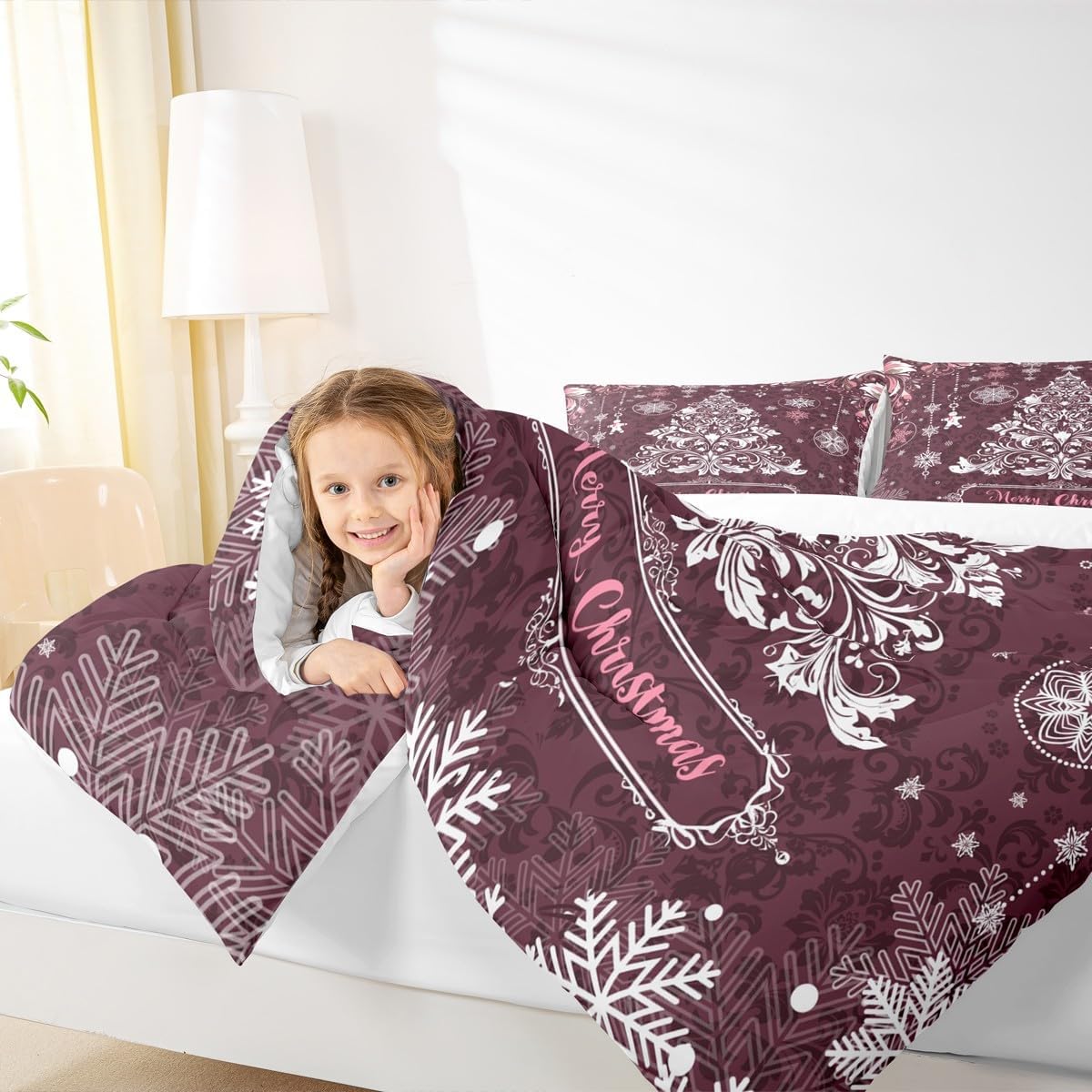 Christmas Tree Kids Comforter Set Queen Size,Merry Christmas Holiday Western Bedding Set,Girls Boys Adults Room Decor,Snowflake Paisley Boho Down Comforter,Purple Retro Duvet Insert,2 Pillowcases