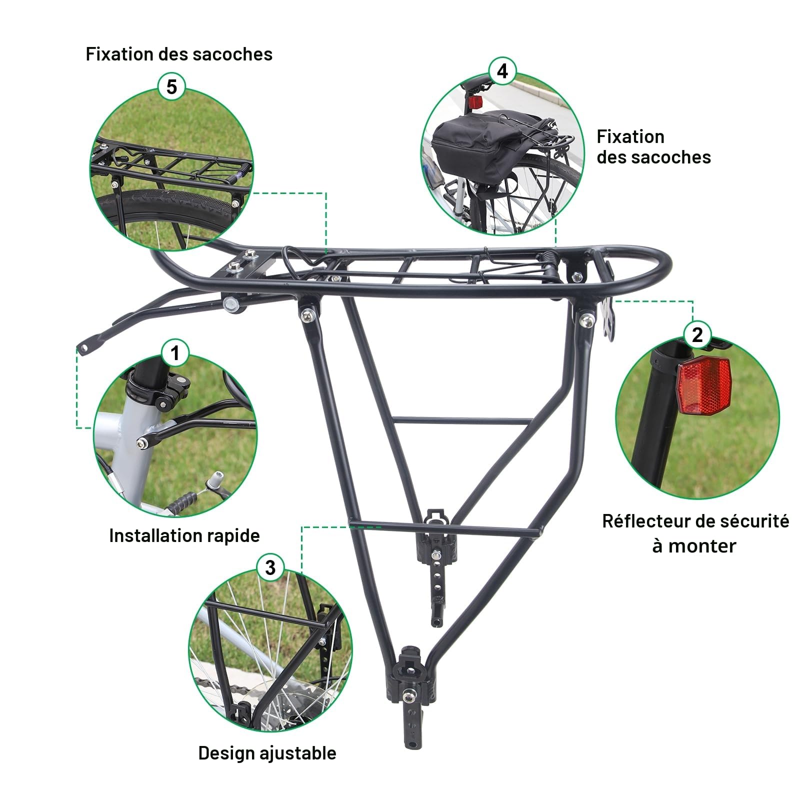 MEGHNA Porte-bagages de vélo réglable pour voyage à vélo - Porte-bagages arrière convient pour vélos de course 26”-29“/700c