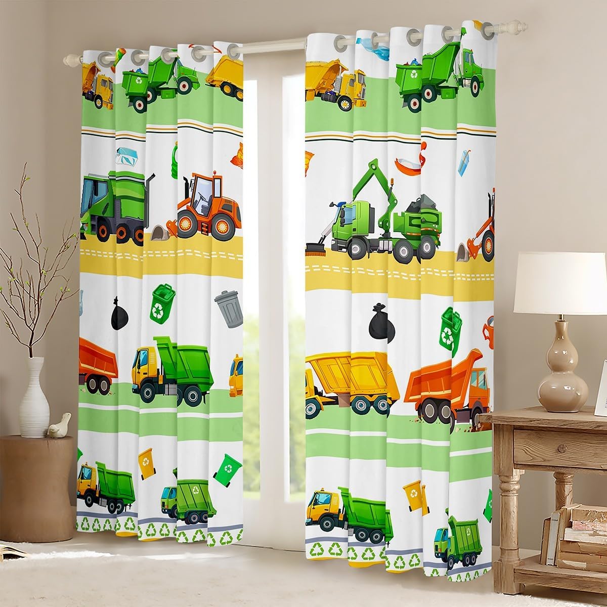 Garbage Trucks Kids Blackout Curtains,Cartoon US Garbage Trucks Toddler Window Drapes for Boys Girls Adults,Green Vehicles Fashion Bright Chic Window Treatments Grommet Top 2 Panel Set,38Wx45L inch