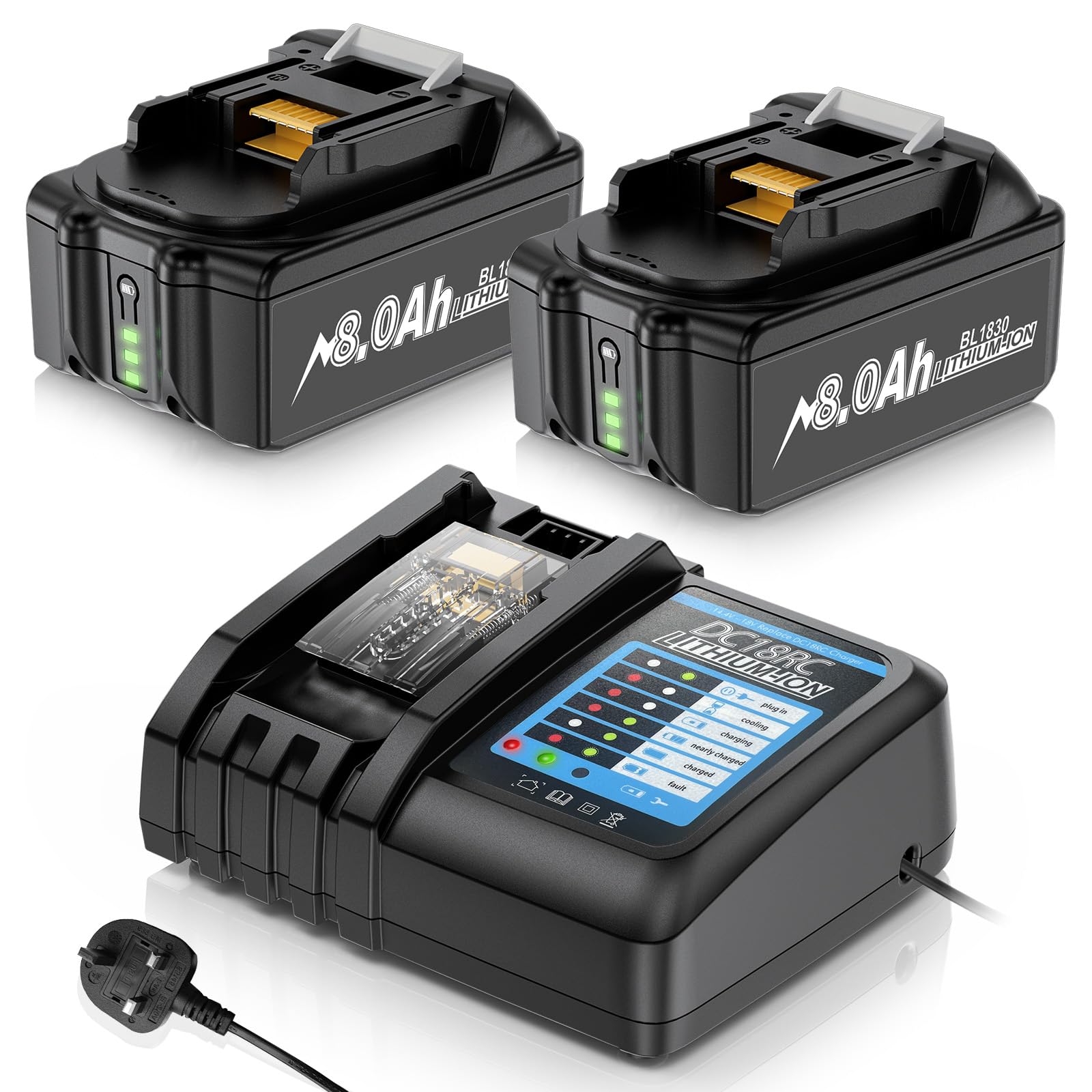 2X 18V 8000mAh replacement batteries for Makita, compatible with Makita 18V battery models BL1830 BL1850 BL1860 BL1830B BL1850B BL1860B BL1840 BL1820 BL1815 BL1835 and BL1845(2 batteries & 1 charger)