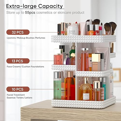 Miniatura 8 de Organizador de maquillaje giratorio de 360, organizador de tocador de gran capacidad con bandejas ajustables para bricolaje, cepillo de maquillaje,