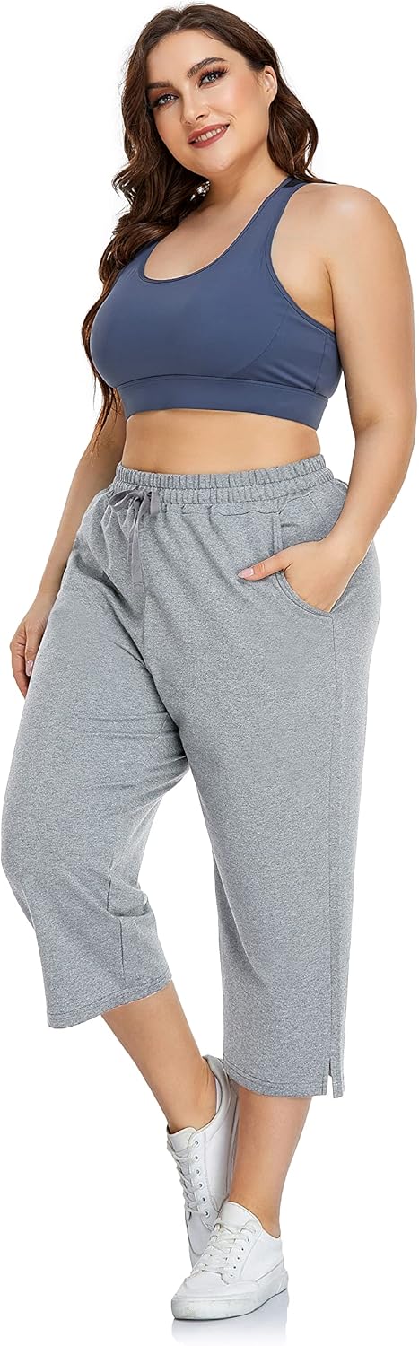 ZERDOCEAN Women's Plus Size Active Yoga Sweatpants Cotton Jersey Capris Athletic Crop Pants with Pockets Drawstring - Image 5
