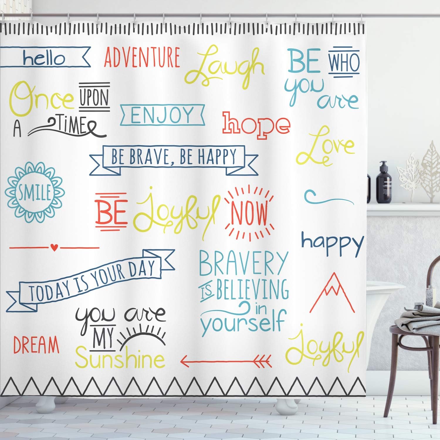 Ambesonne Adventure Shower Curtain, Various Words on Happiness and Self Value Uplifting Phrases Being Who You are, Cloth Fabric Bathroom Decor Set with Hooks, 69" W x 75" L, Sky Blue
