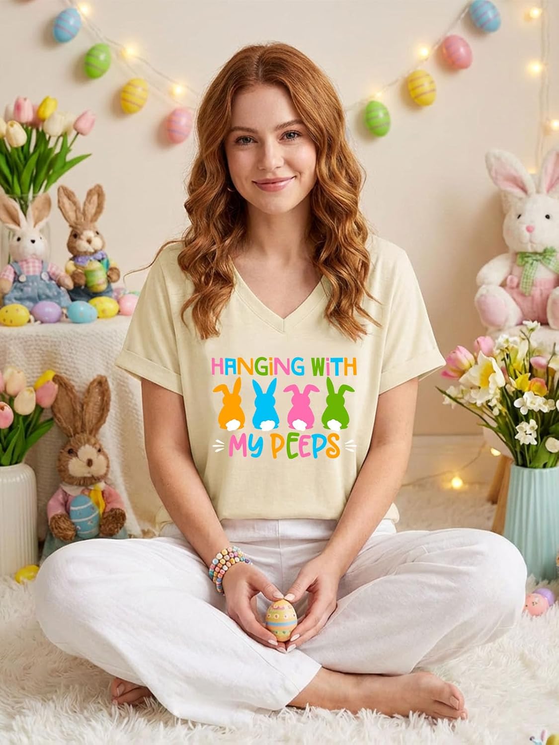 Easter Shirts for Women V Neck Cute Rabbit Graphic Tee Happy Easter T Shirt Bunny Shirt Gift Holiday Tops - Image 3