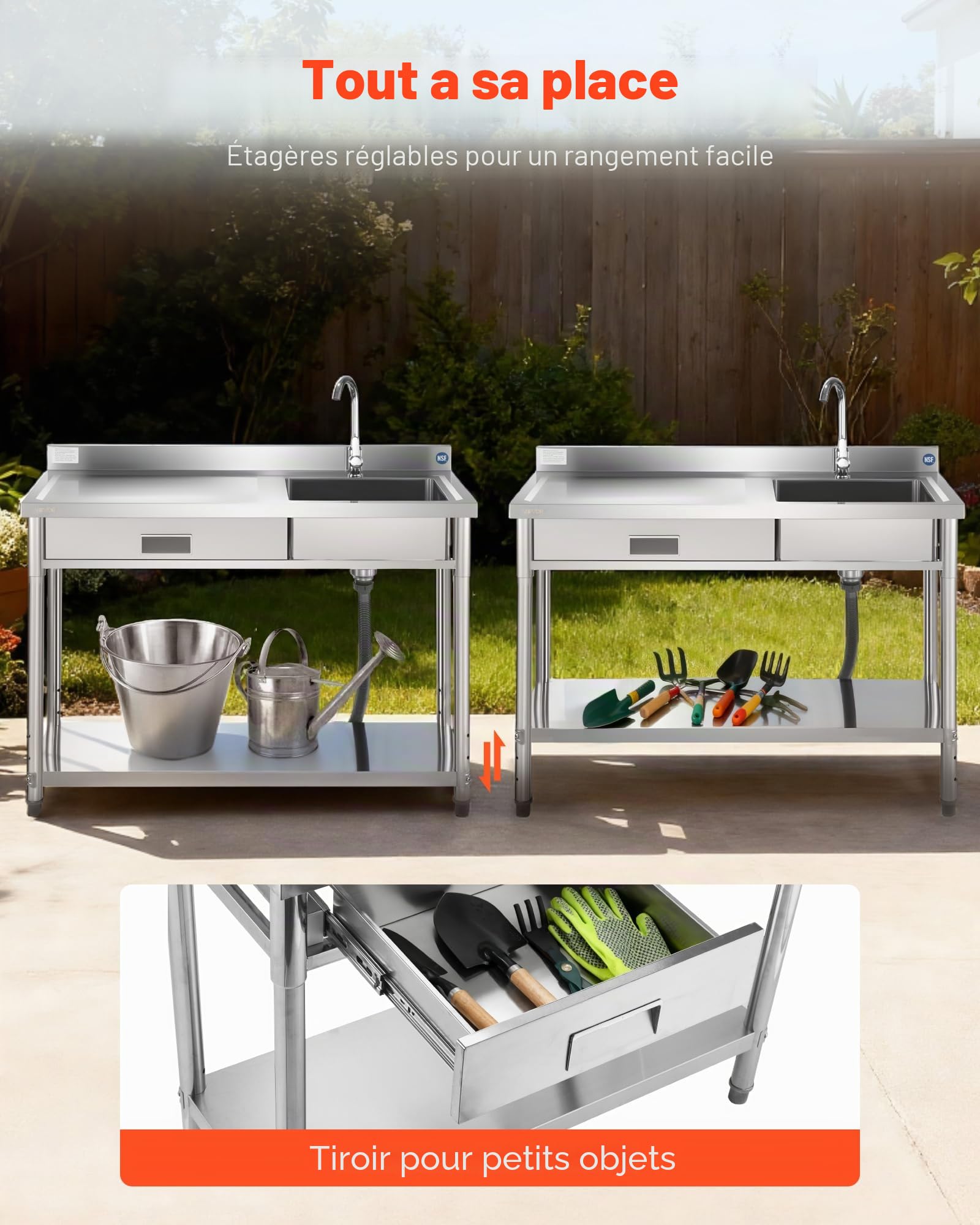 VEVOR Évier cuisine utilitaire en acier inoxydable, évier professionnel autoportant à cuve unique avec tiroir, robinet et tuyau d'eau chaude et froide, pour garage, restaurant, buanderie 120x50x94 cm