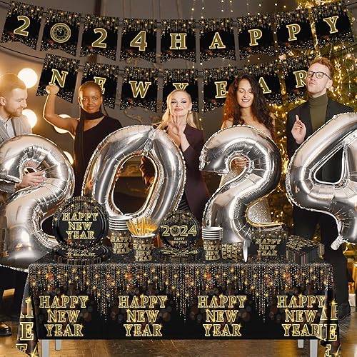 Miniatura 6 de Vajilla para decoración de fiesta de Año Nuevo, 142 piezas de platos desechables dorados y negros de Feliz Año Nuevo 2024, platos, tazas,