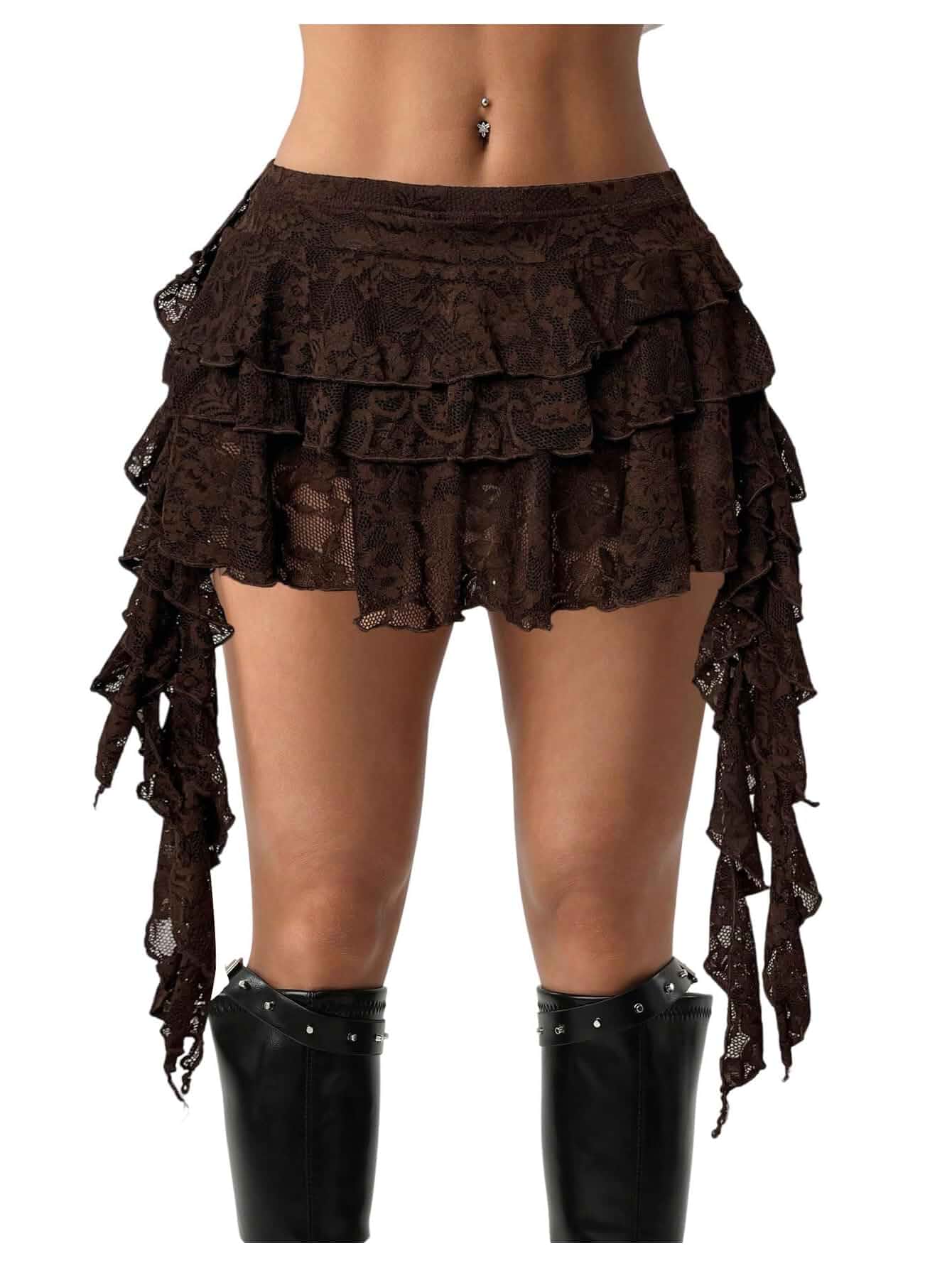 BEAUDRM Women's Y2k Boho Lace Ruffle Mini Skirt Asymmetrical Concert Outfit Asymmetrical, Flowy, Cute, Cowgirl, Western Skirt, Country Concert Outfits, Party, Rave, Date