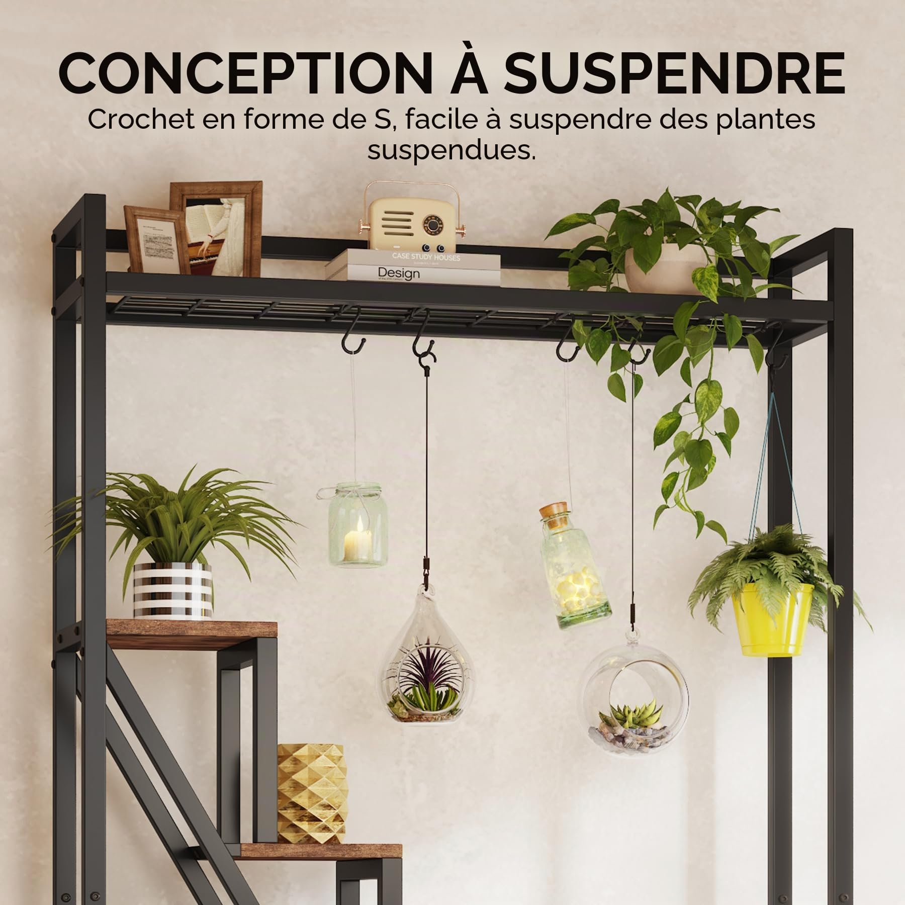 Tribesigns Support pour plantes d'intérieur à 7 niveaux,Grande étagère en métal de 180 cm avec 10 crochets de suspension en S, présentoir pour fleurs, pour intérieur, jardin, balcon, salon (Marron)