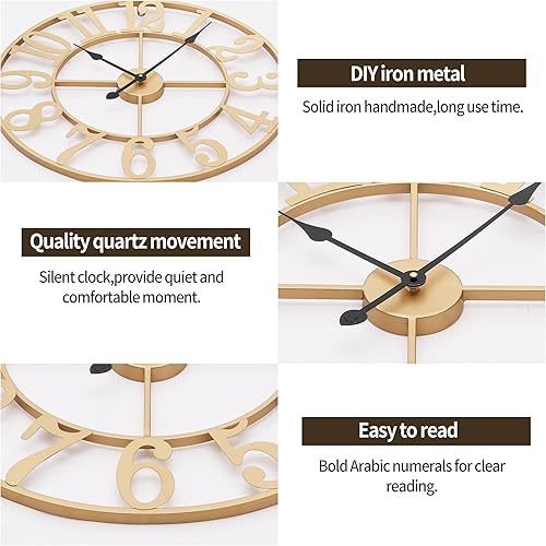 Vista 39 de Large Wall Clock, Metal Retro Roman Numeral Clock, Modern Round Wall Clocks Almost Silent, Easy to Read for Living Silver