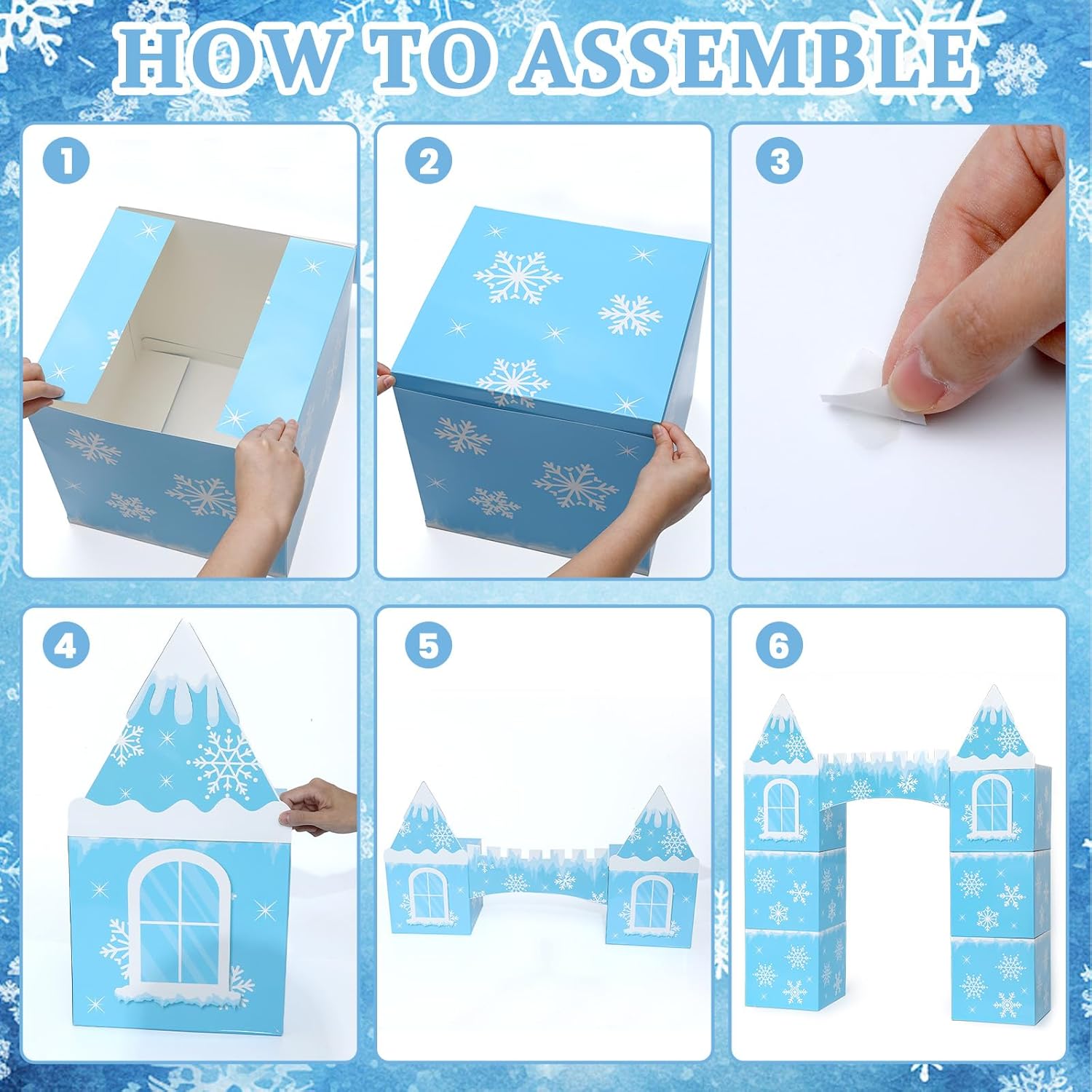 gisgfim 9 Pcs Large Winter Cardboard Castle Playhouse Snowflake Party Cardboard Princess Castle Decorations Winter Wonderland Princess Fort for Birthday Kid Girl Trunk or Treat Car Boxes Kit