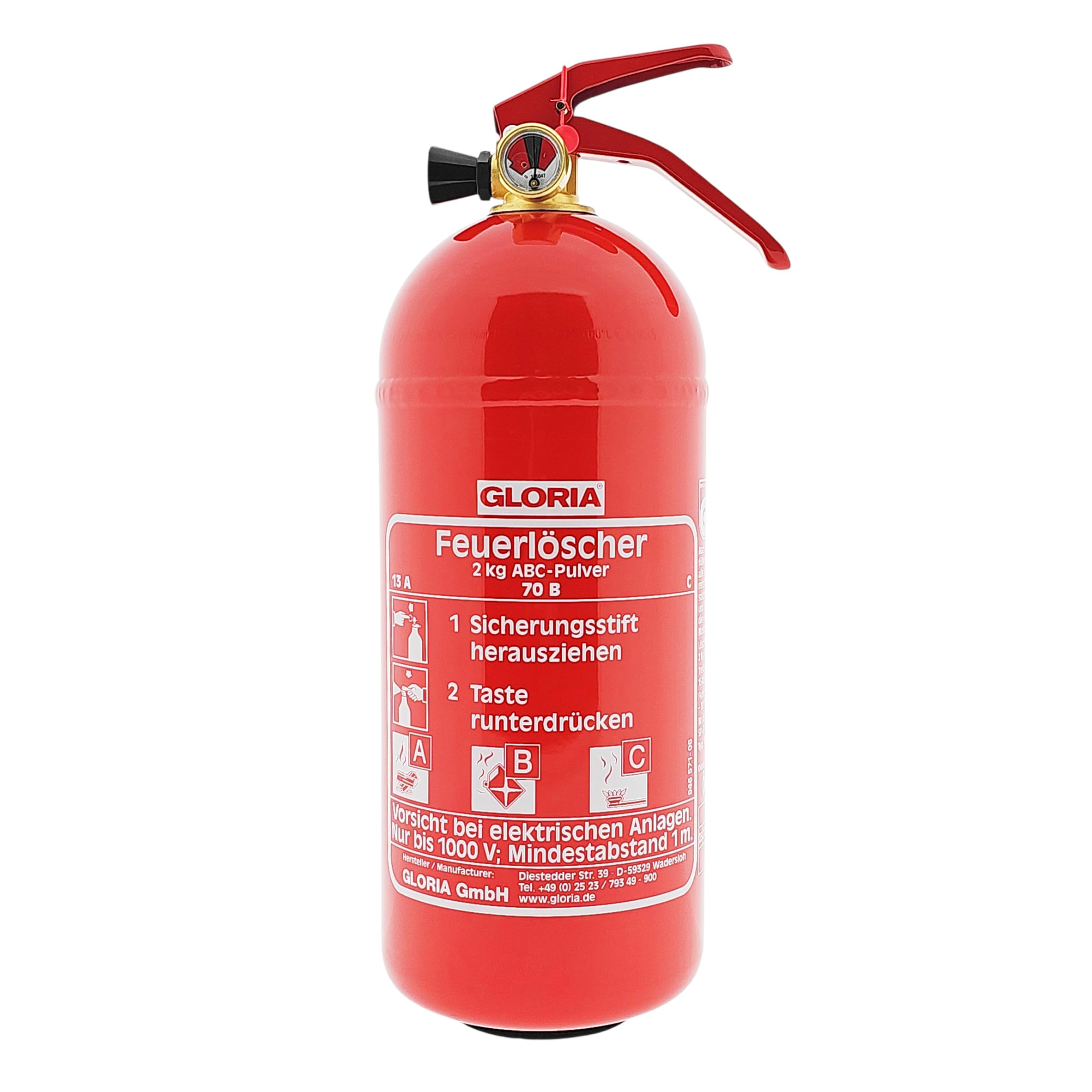 Gloria PD2GAM Extincteur à poudre avec manomètre 2 kg Classe d'incendie : A, B, C Contenu : 1 pièce
