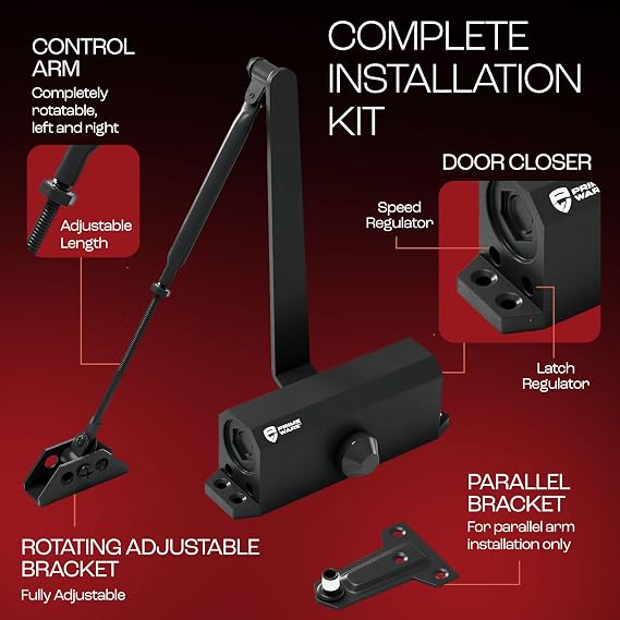 PrimeWare DC-300 Adjustable Automatic Door Closers for Home | Soft Close, No Slam | Residential and Commercial Door Closer | Level 3 | for Doors Weighing 90-140 lbs | Hydraulic Door Spring - Black