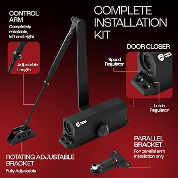 PrimeWare DC-300 Adjustable Automatic Door Closers for Home | Soft Close, No Slam | Residential and Commercial Door Closer | Level 3 | for Doors Weighing 90-140 lbs | Hydraulic Door Spring - Black