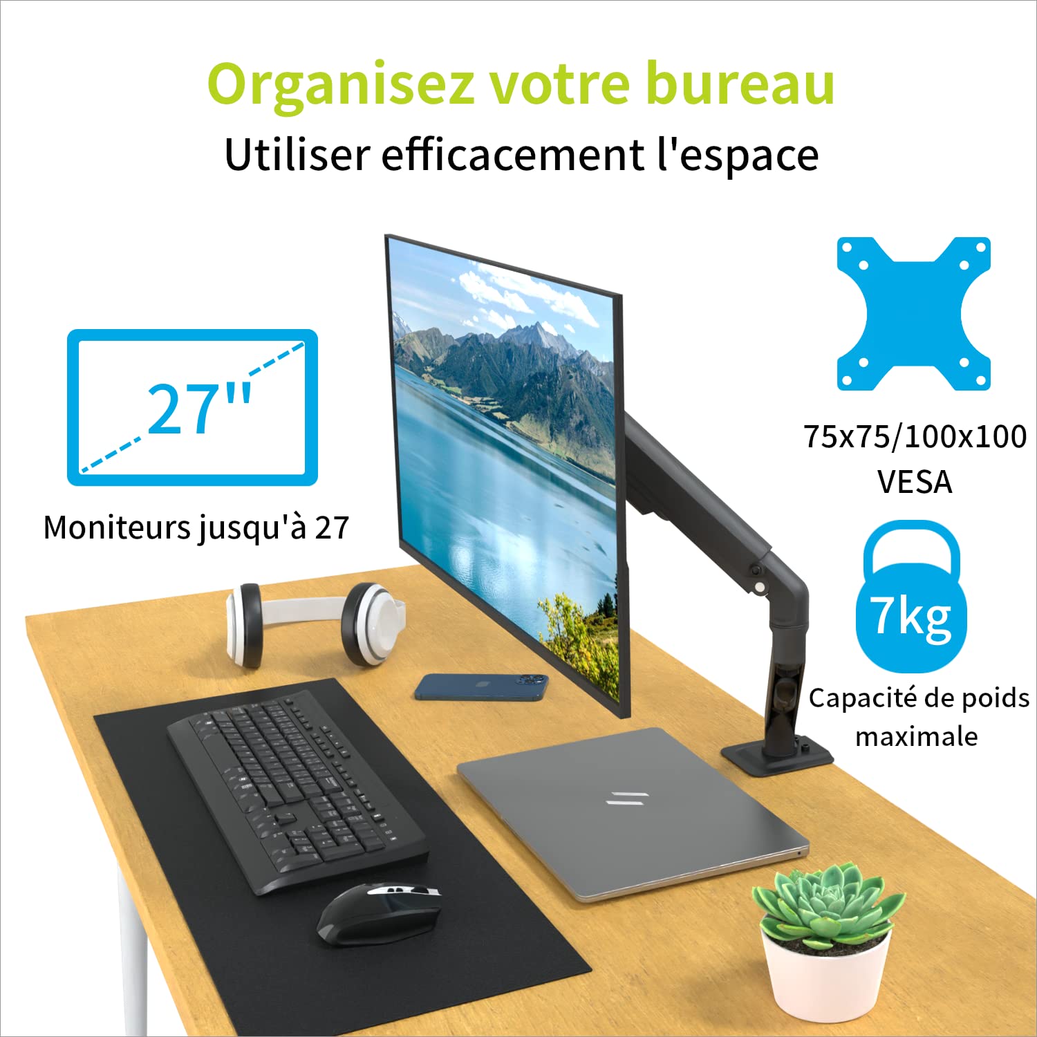 ACROPAQ - Braccio monitor - Braccio a molla, Girevole 360°, Per schermi da 17-27 pollici, Veloce da montare - Monitor arm, Braccio monitor scrivania - Nero