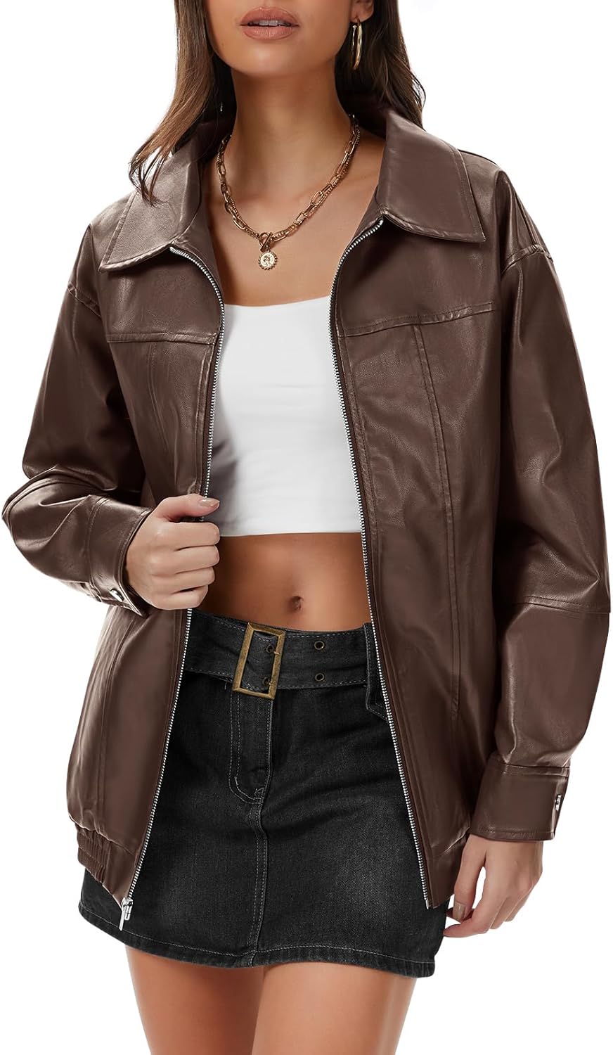 Womens Faux Leather Jacket Motorcycle Bomber Jacket Coats Fall Spring Clothes Oversized Zip Up Winter Coat Outerwear - Image 2