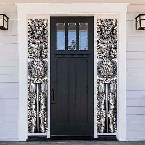 Cartel de fondo de la cubierta de la puerta del caballero articulado del traje de armadura del castillo, decoración de puerta con tema medieval para